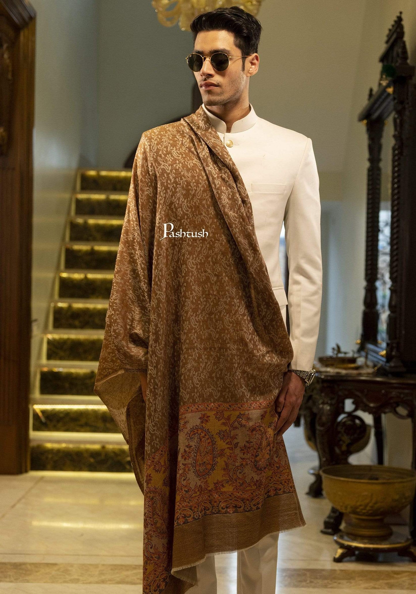 Pashtush Shawl Store Stole Pashtush Mens Stole, Soft Wool with Ambi Weave Palla, Espresso Brown