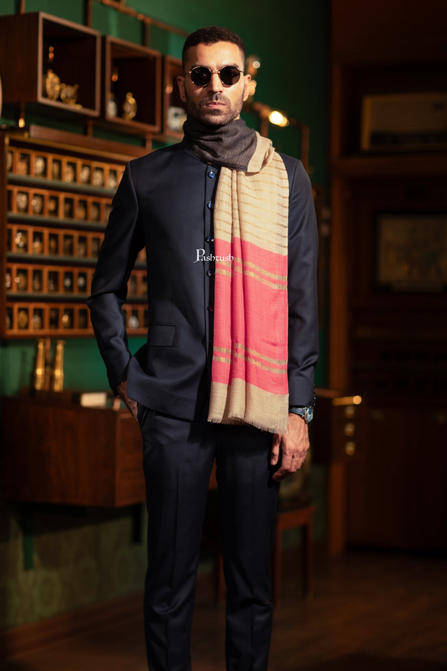 Pashtush India Mens Scarves Stoles and Mufflers Pashtush Mens Stole, Stripe With Zari Design, Multicolour