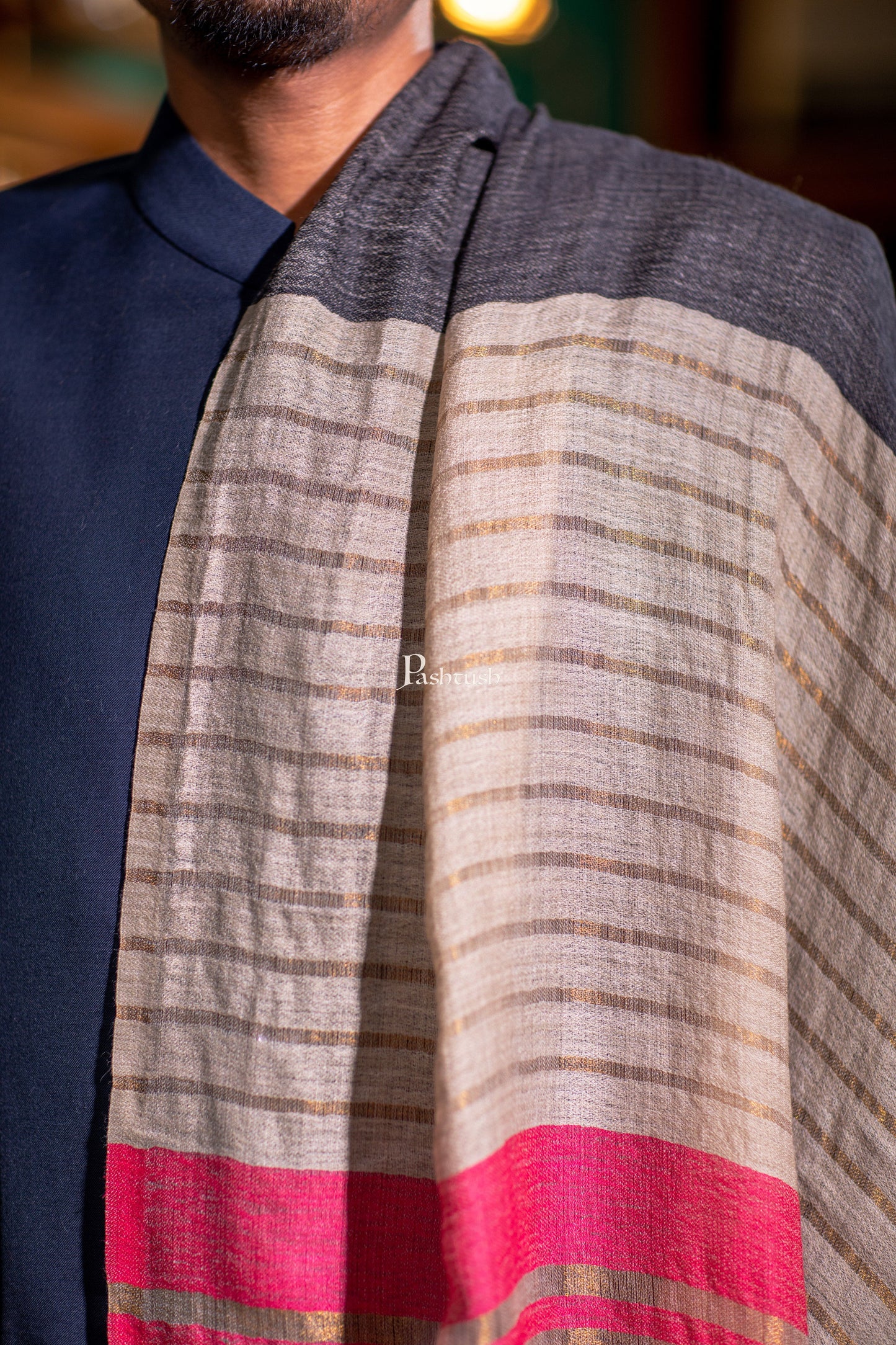 Pashtush India Mens Scarves Stoles and Mufflers Pashtush Mens Stole, Stripe With Zari Design, Multicolour