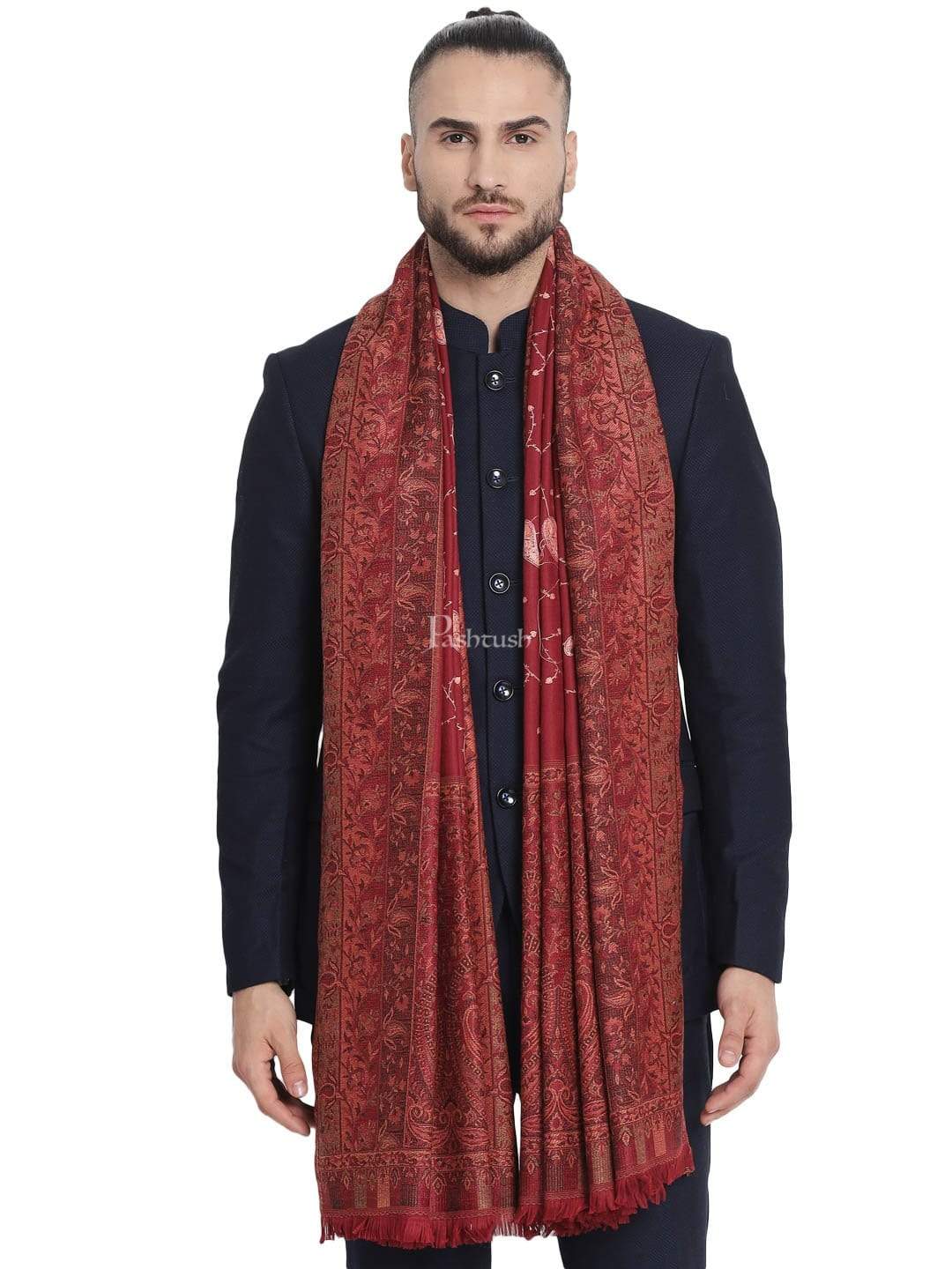 Pashtush India 100x200 Pashtush Mens Stole, Vintage Jamawar Design with Needle Embroidery