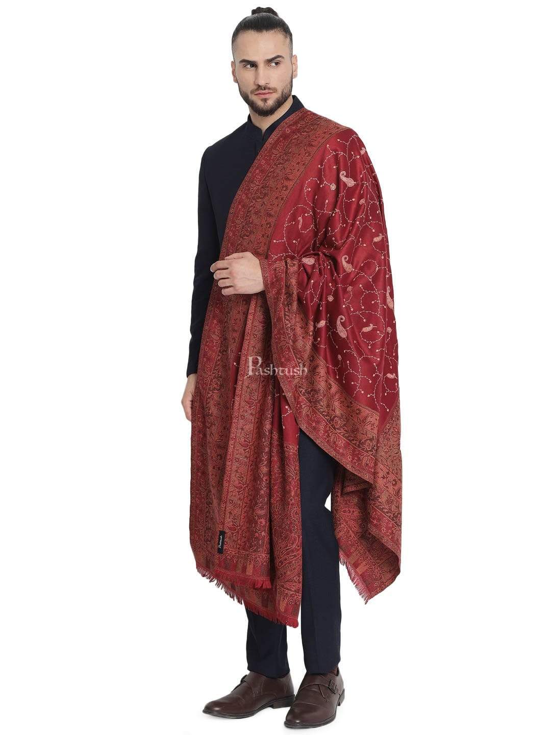 Pashtush India 100x200 Pashtush Mens Stole, Vintage Jamawar Design with Needle Embroidery