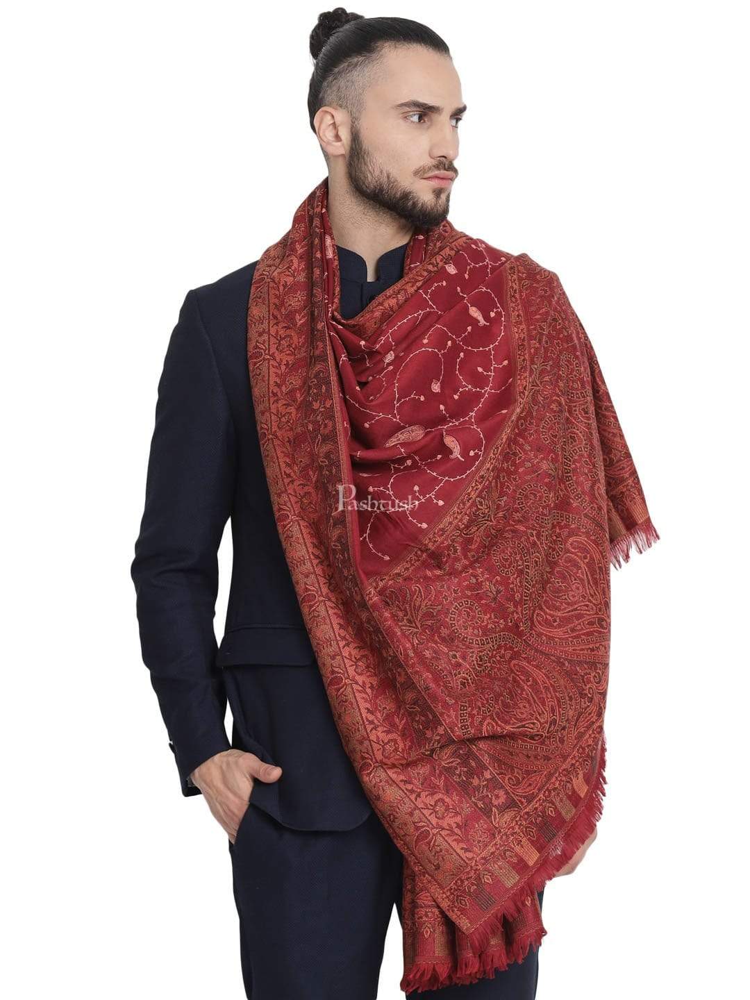 Pashtush India 100x200 Pashtush Mens Stole, Vintage Jamawar Design with Needle Embroidery