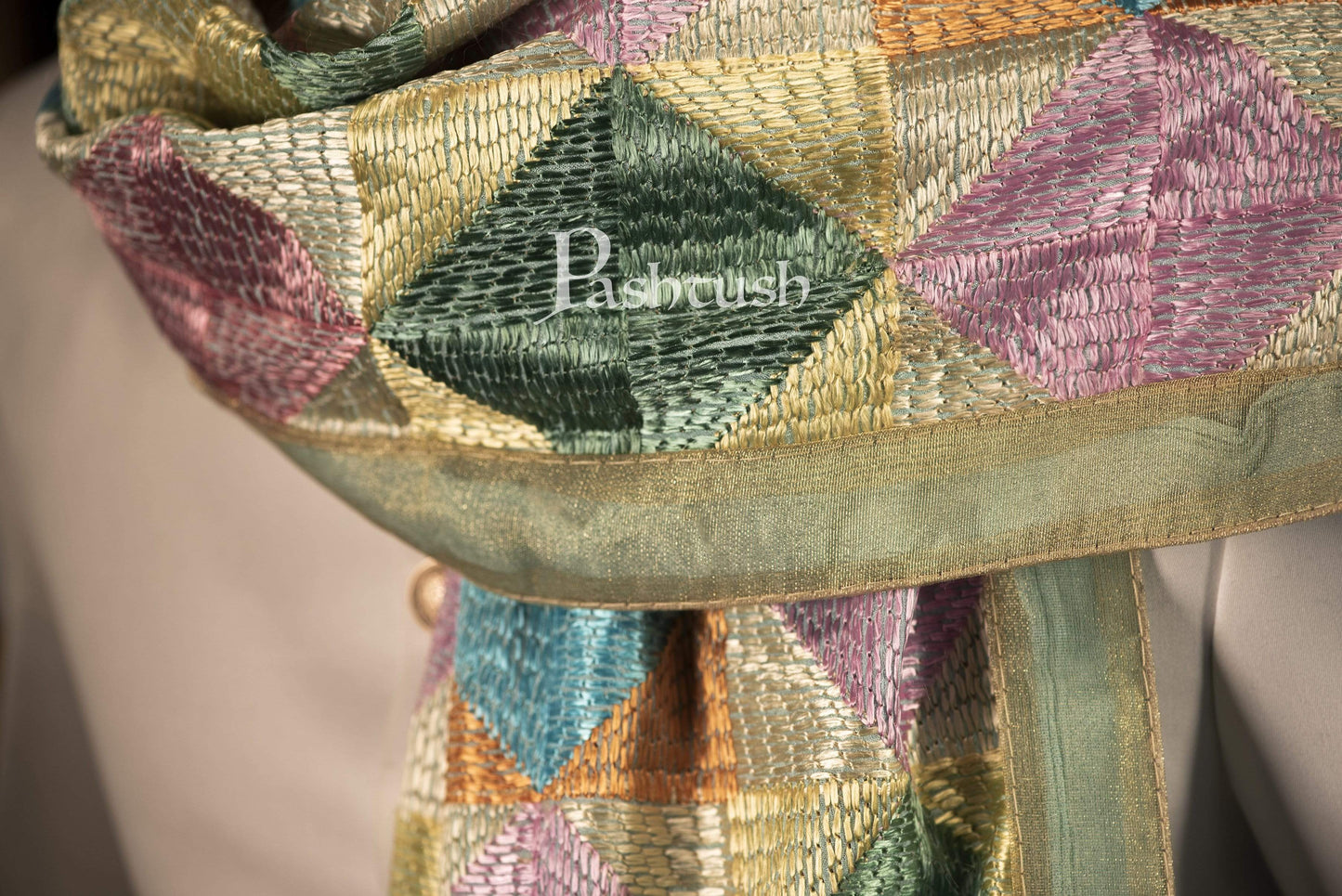 Pashtush India 114x228 Pashtush Mens Stole with Multicoloured Embroidery, Phulkari