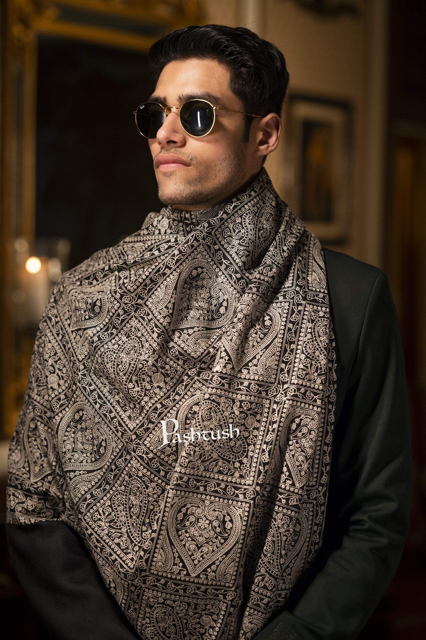 Pashtush India 100x200 Pashtush Mens Stole with Tone on Tone Embroidery, Soft and Warm, Rich Black