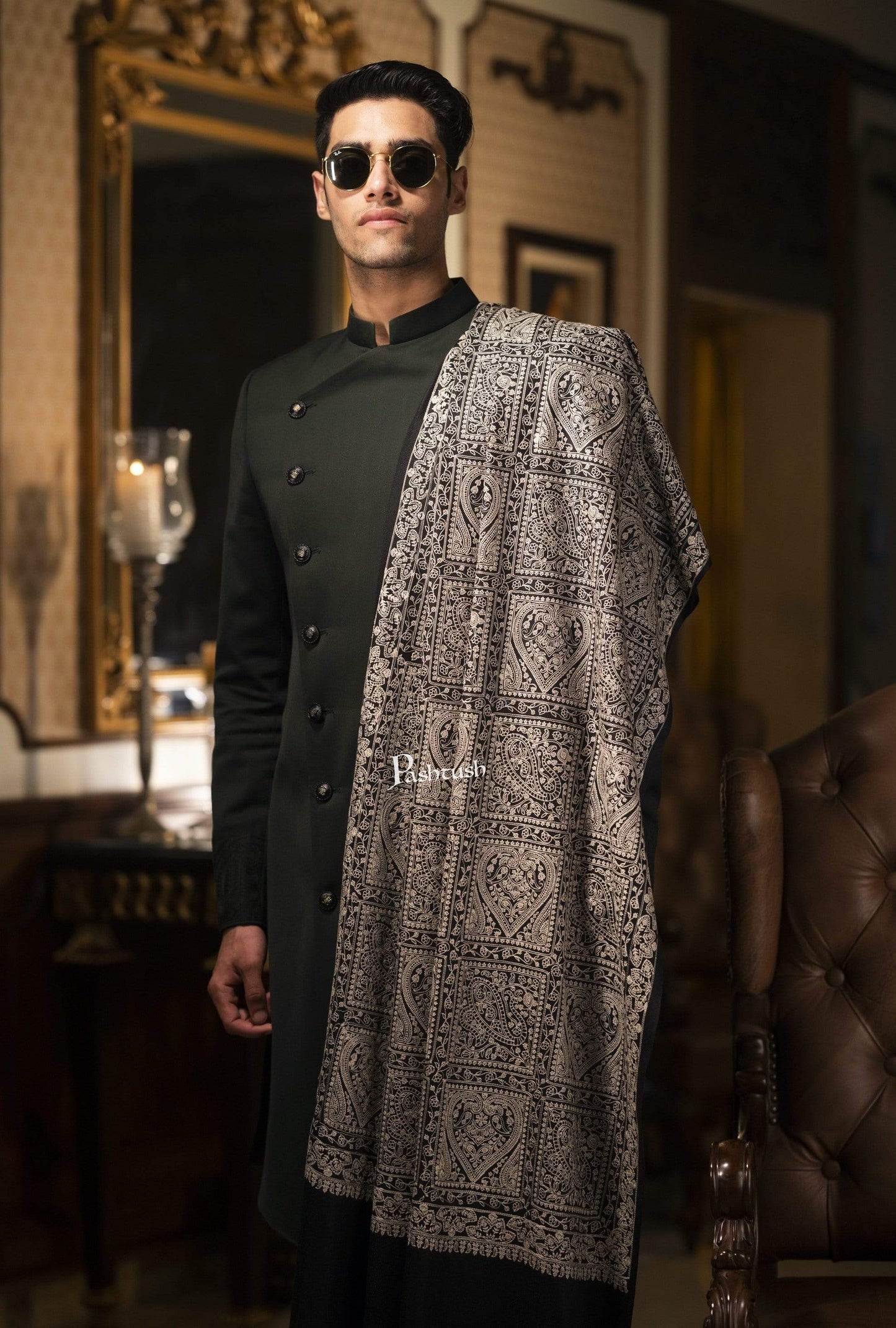 Pashtush India 100x200 Pashtush Mens Stole with Tone on Tone Embroidery, Soft and Warm, Rich Black