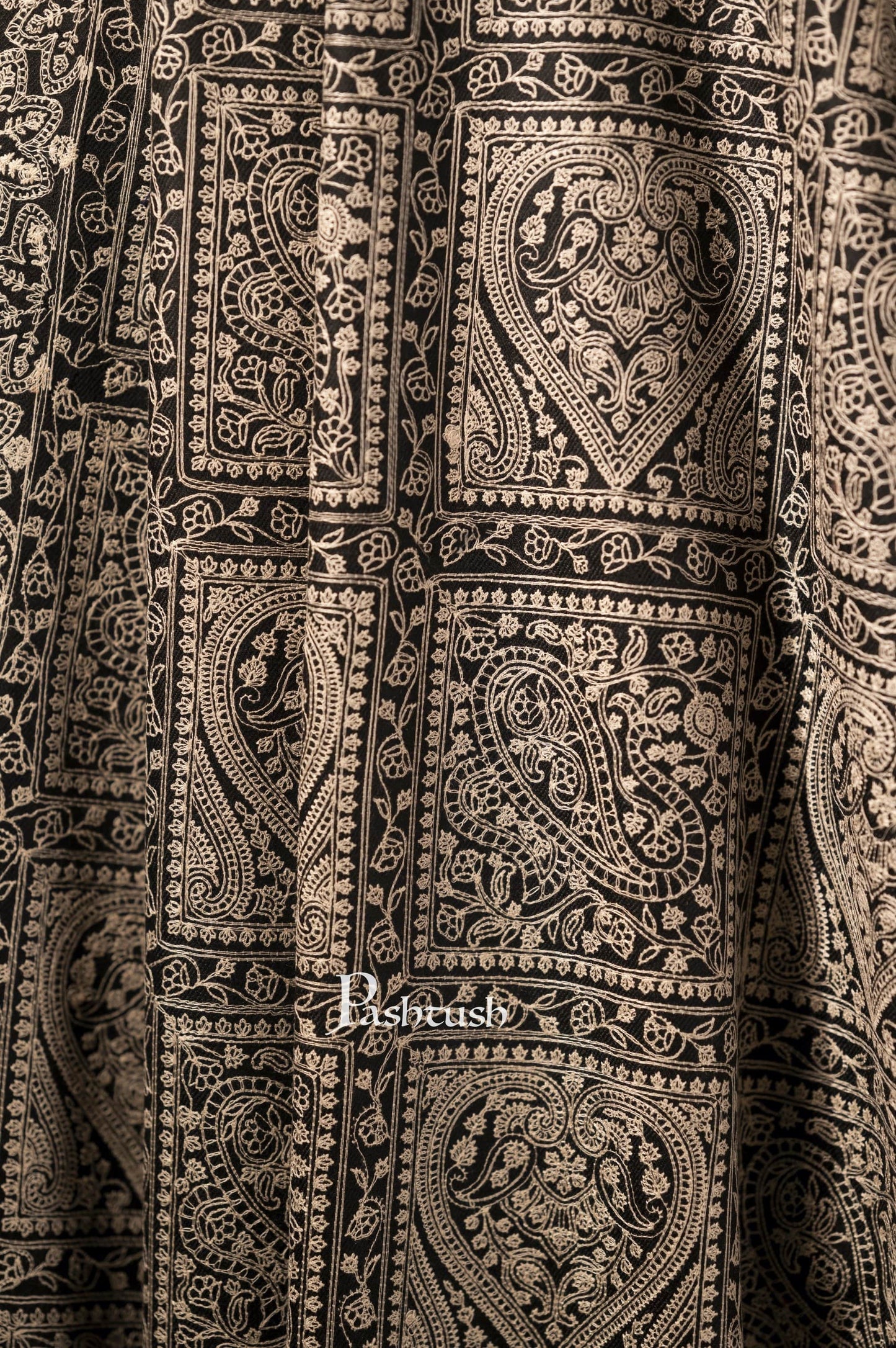 Pashtush India 100x200 Pashtush Mens Stole with Tone on Tone Embroidery, Soft and Warm, Rich Black