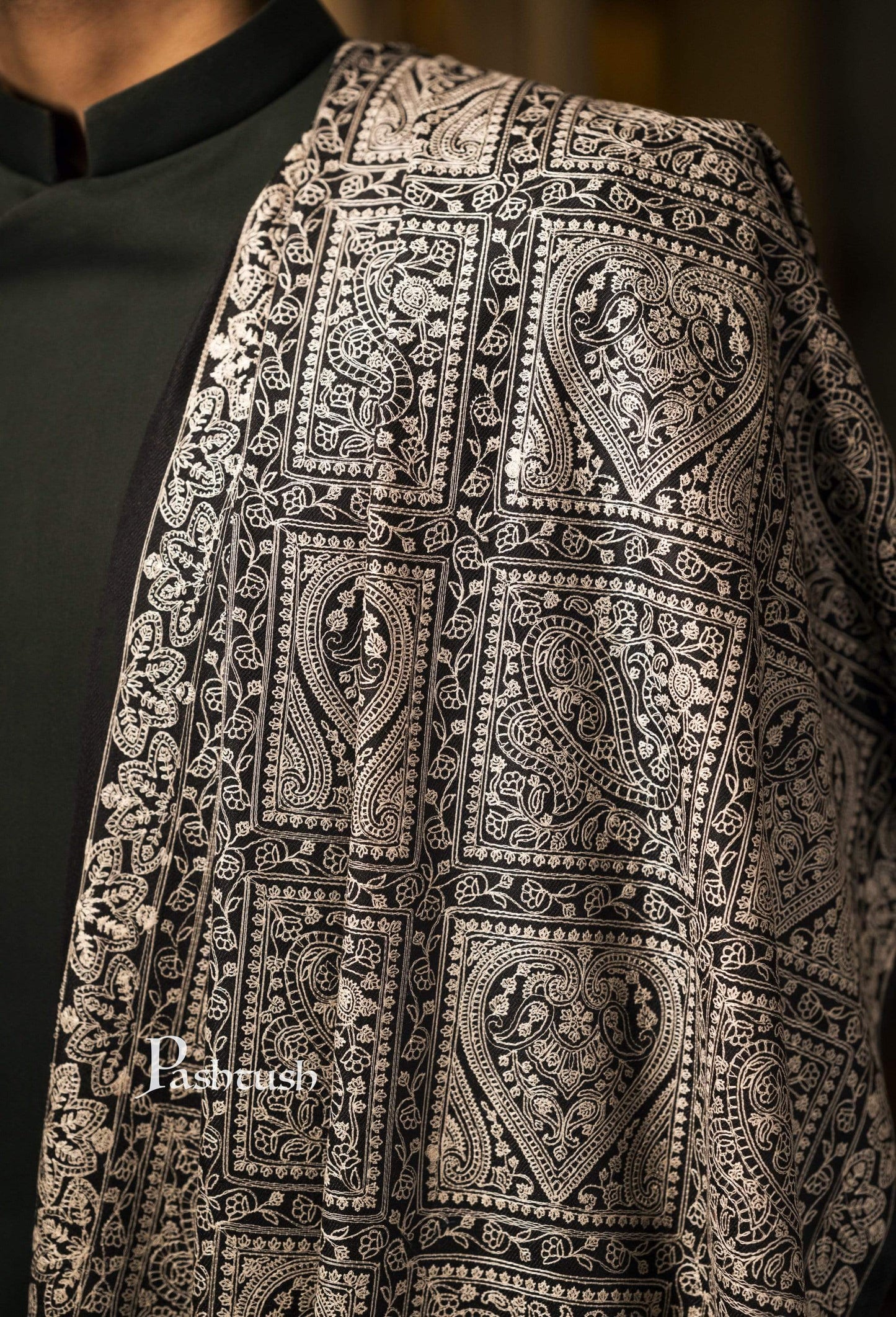 Pashtush India 100x200 Pashtush Mens Stole with Tone on Tone Embroidery, Soft and Warm, Rich Black