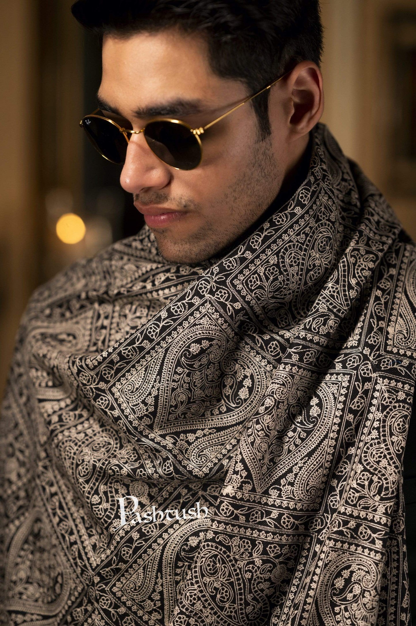 Pashtush India 100x200 Pashtush Mens Stole with Tone on Tone Embroidery, Soft and Warm, Rich Black