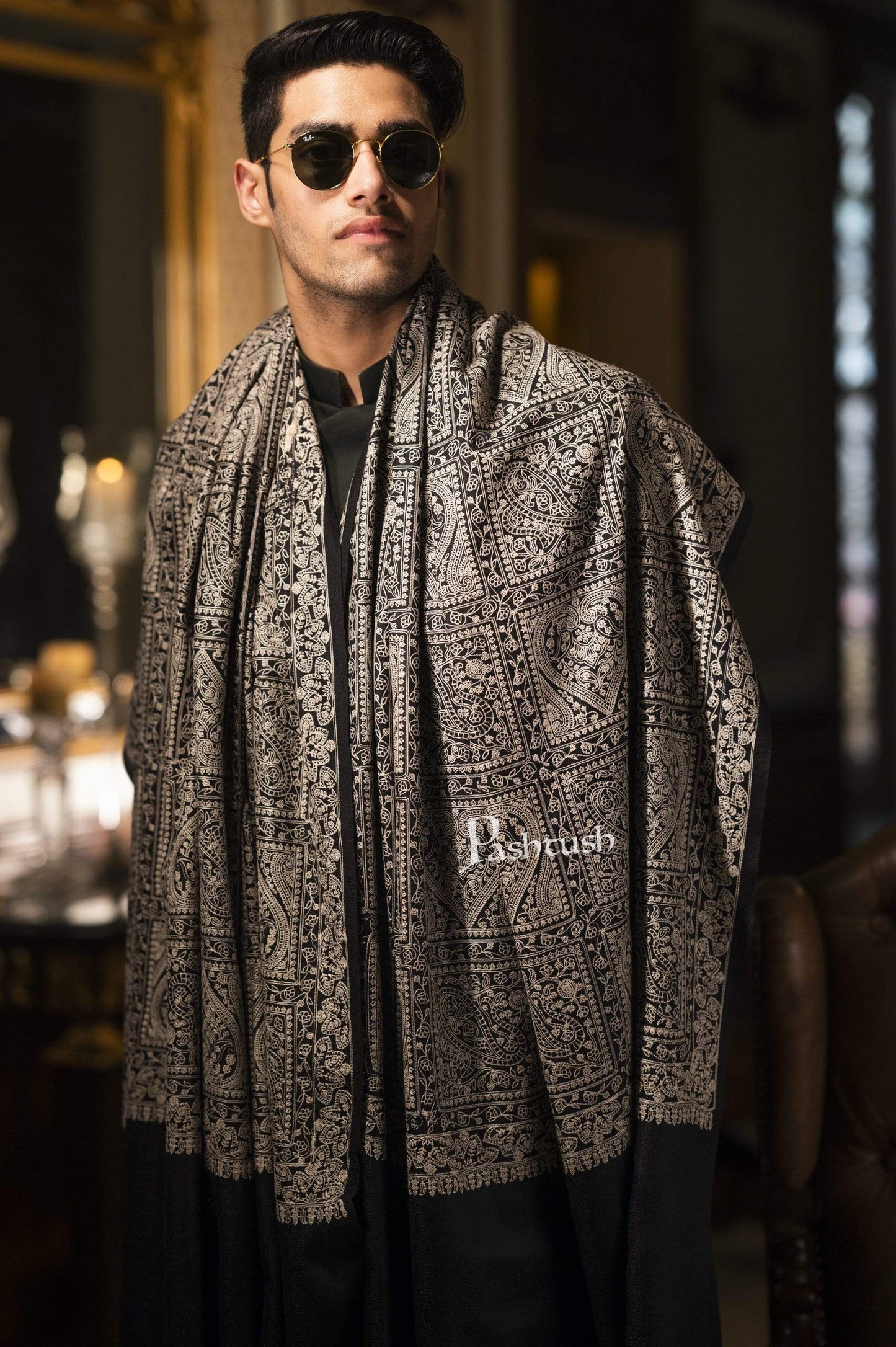 Pashtush India 100x200 Pashtush Mens Stole with Tone on Tone Embroidery, Soft and Warm, Rich Black