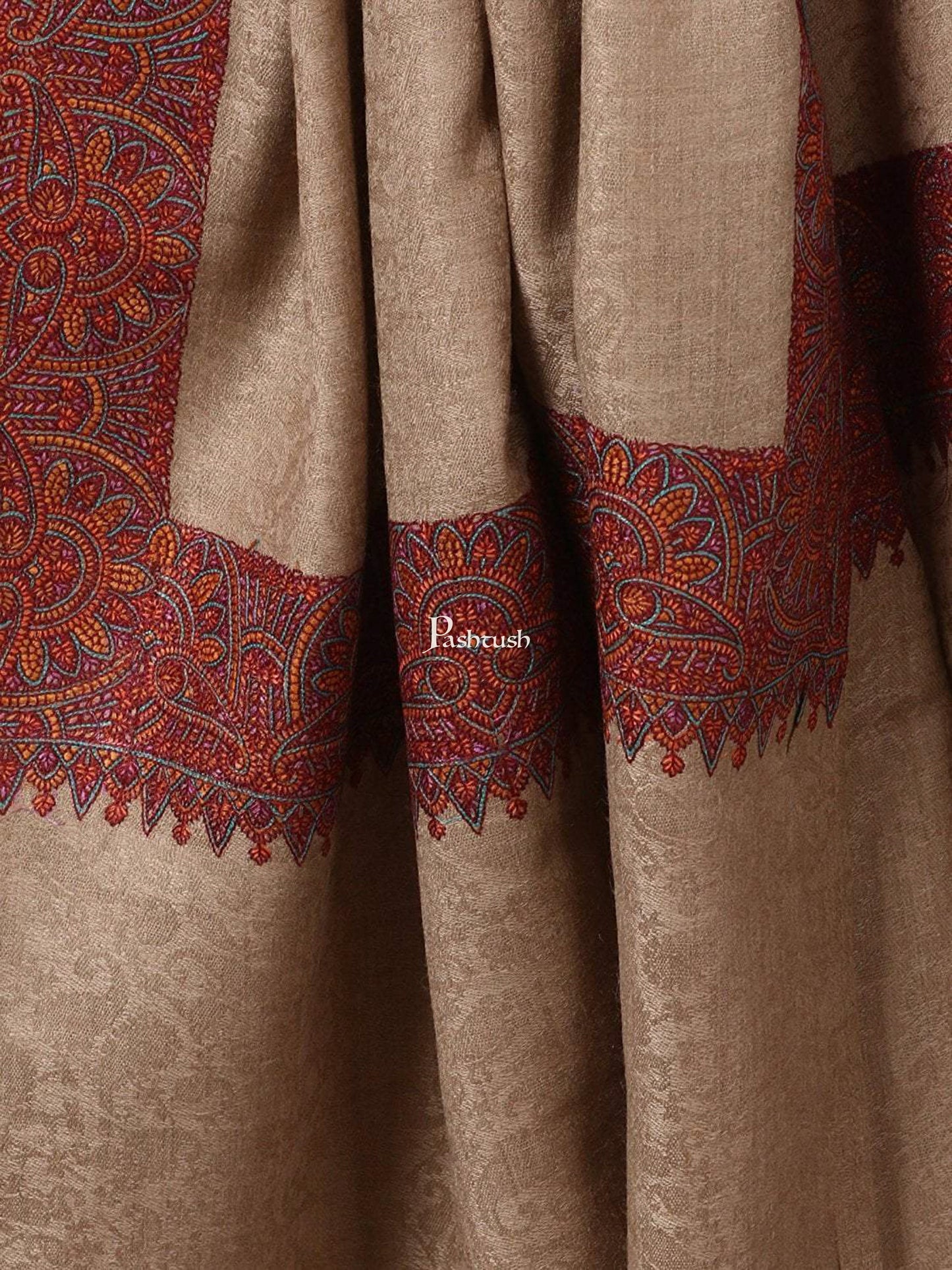 Pashtush India Mens Shawls Gents Shawl Pashtush Mens taupe Embroidery Daur Shawl