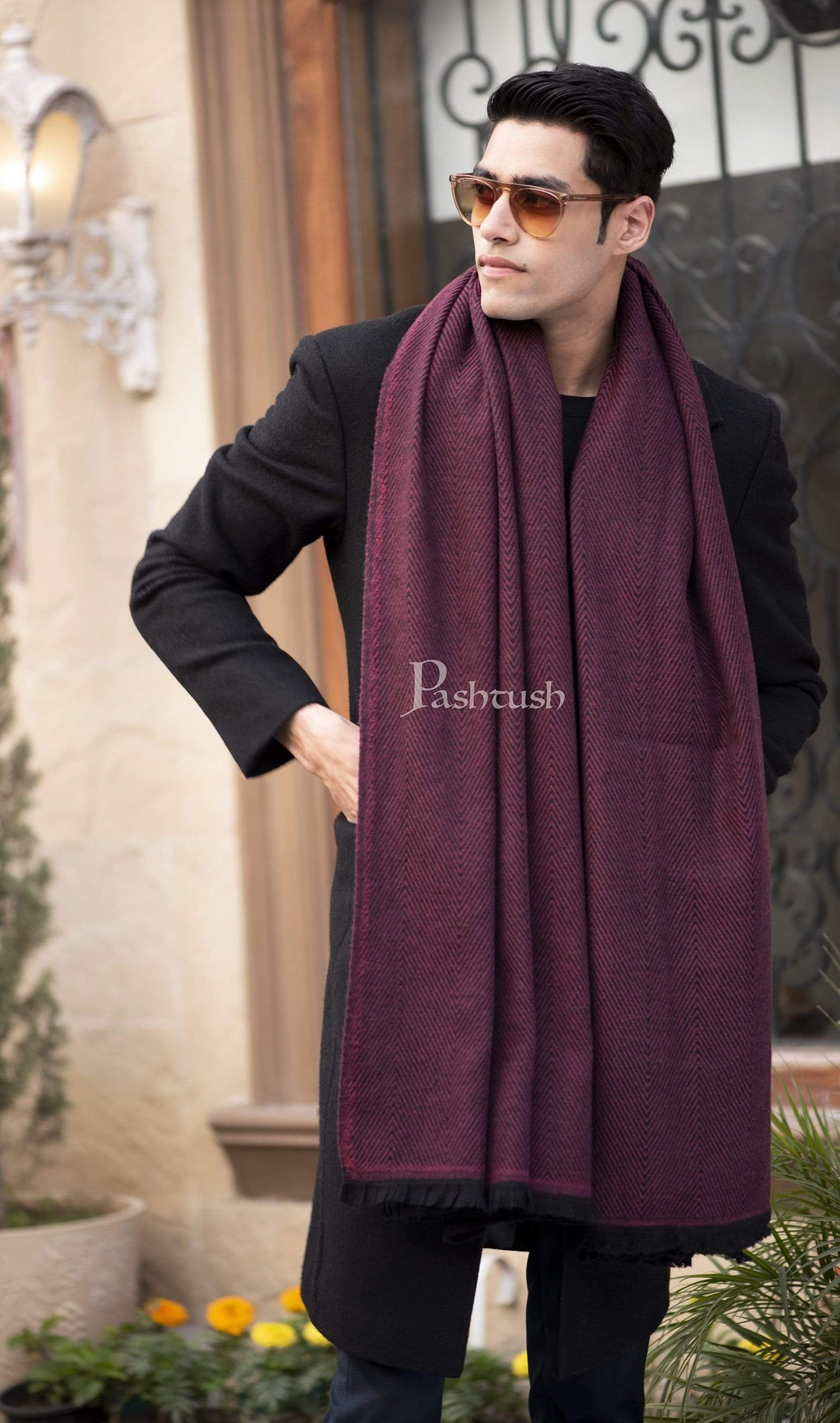 Pashtush India 100x200 Pashtush Mens Thick and Warm Woollen Scarf, Blowout Burgundy