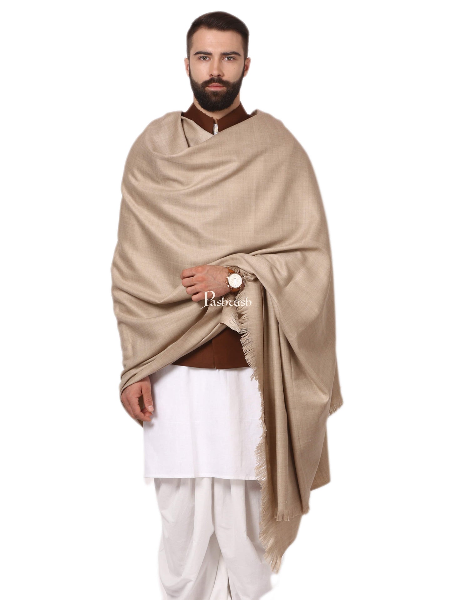 Pashtush India Mens Shawls Gents Shawl Pashtush Mens Thick Lohi, 100% Pure Wool, Woolmark Certified (Desert Sand)