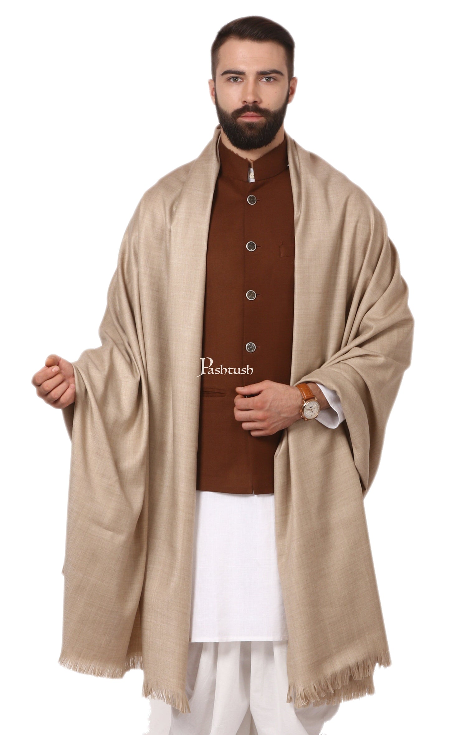 Pashtush India Mens Shawls Gents Shawl Pashtush Mens Thick Lohi, 100% Pure Wool, Woolmark Certified (Desert Sand)