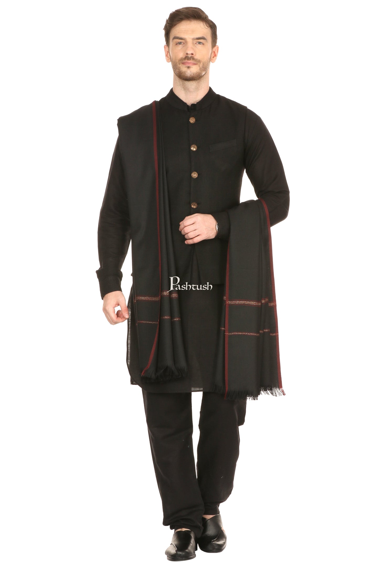 Pashtush India Mens Shawls Gents Shawl Pashtush Mens Thick Shawl Gents Lohi Woven Kinauri Design, Black