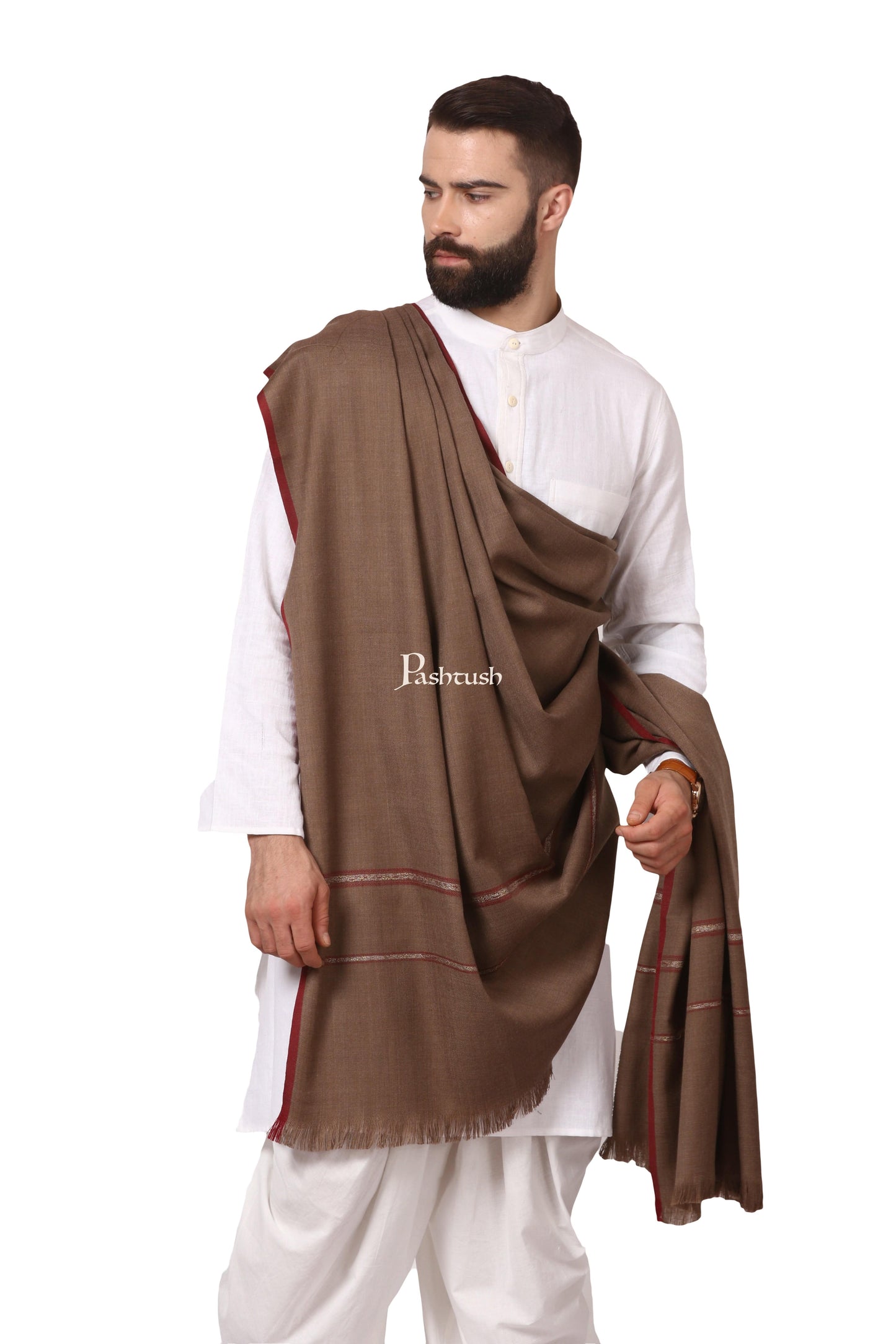 Pashtush India Mens Shawls Gents Shawl Pashtush Mens Thick Shawl Gents Lohi Woven Kinauri Design Fine Wool Full Size, Taupe