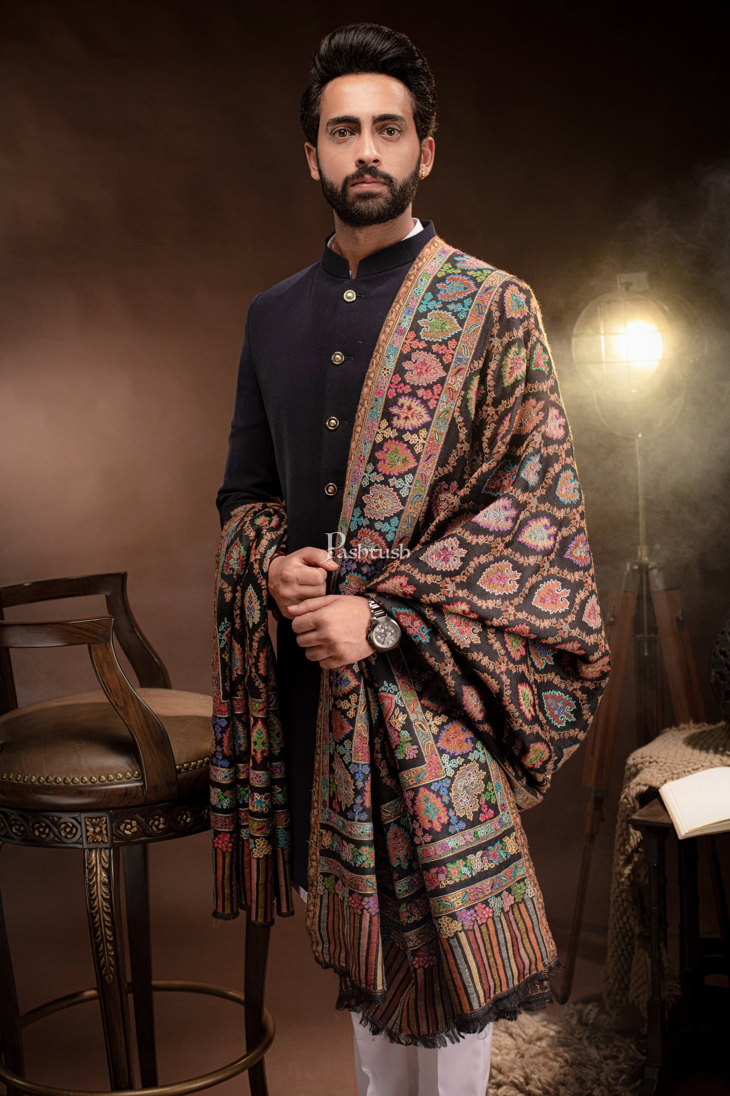 Pashtush India Mens Shawls Gents Shawl Pashtush Mens Tilla Hand Embroidered Shawl, Full Size, Extra Fine Count Wool, Black