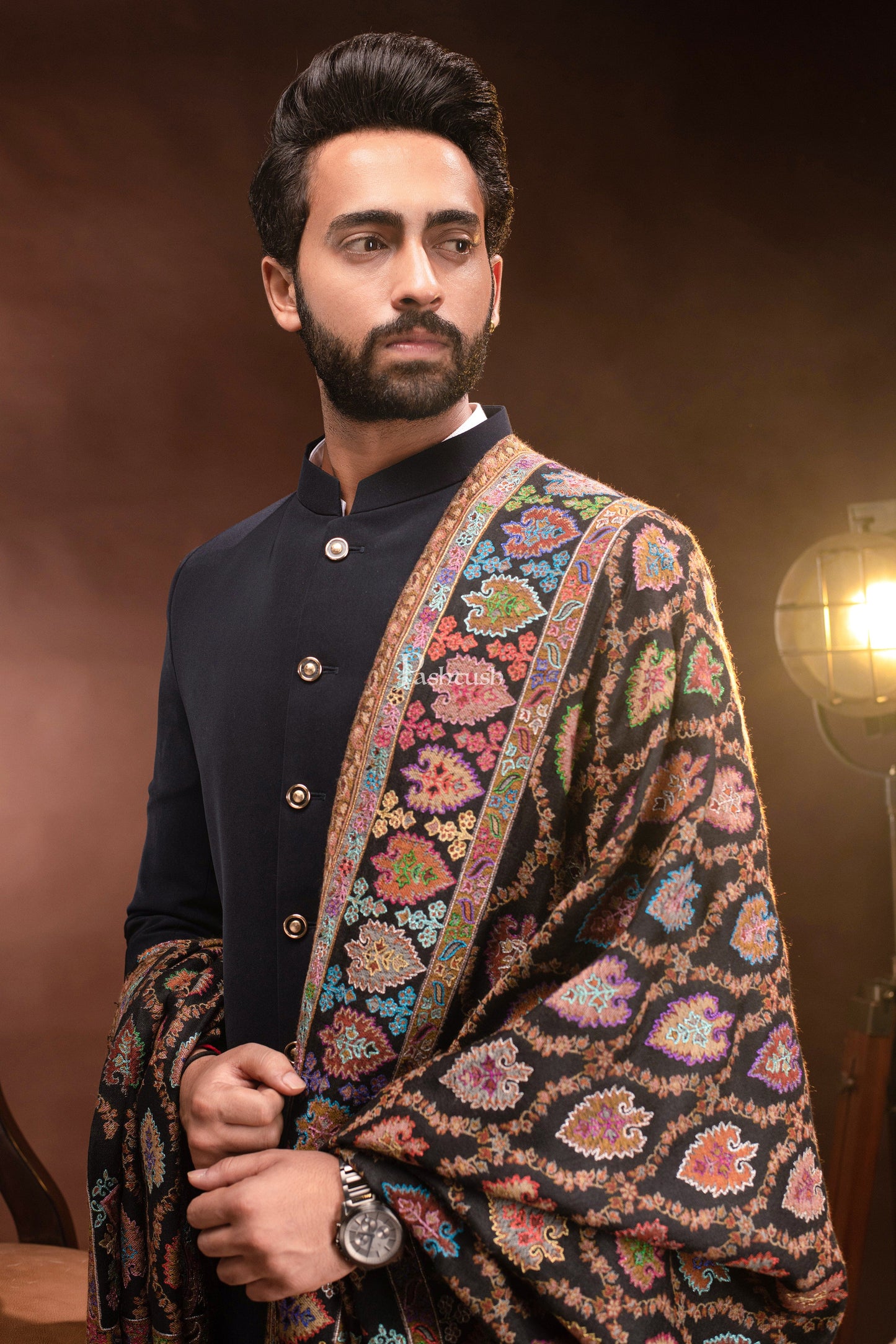 Pashtush India Mens Shawls Gents Shawl Pashtush Mens Tilla Hand Embroidered Shawl, Full Size, Extra Fine Count Wool, Black