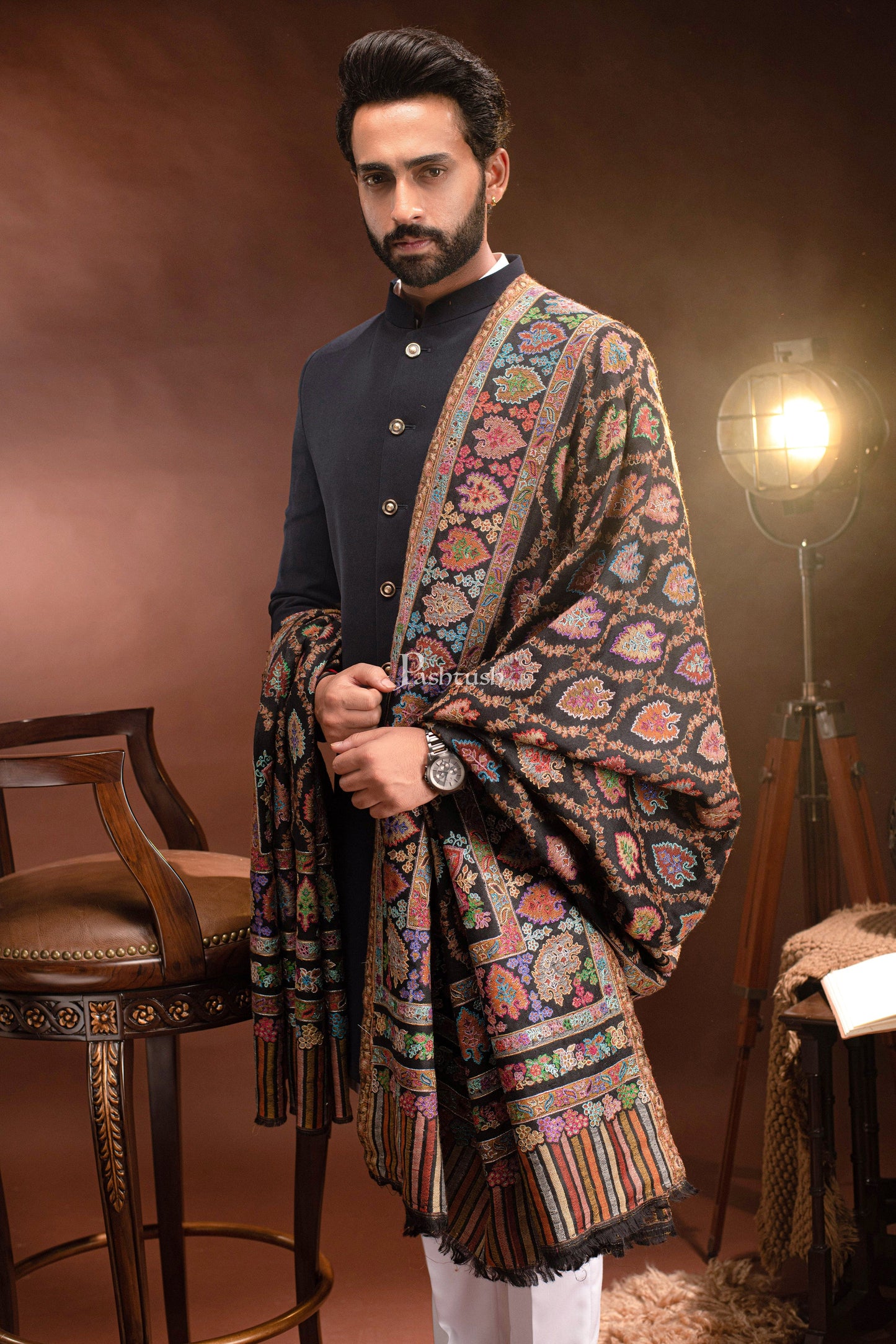 Pashtush India Mens Shawls Gents Shawl Pashtush Mens Tilla Hand Embroidered Shawl, Full Size, Extra Fine Count Wool, Black