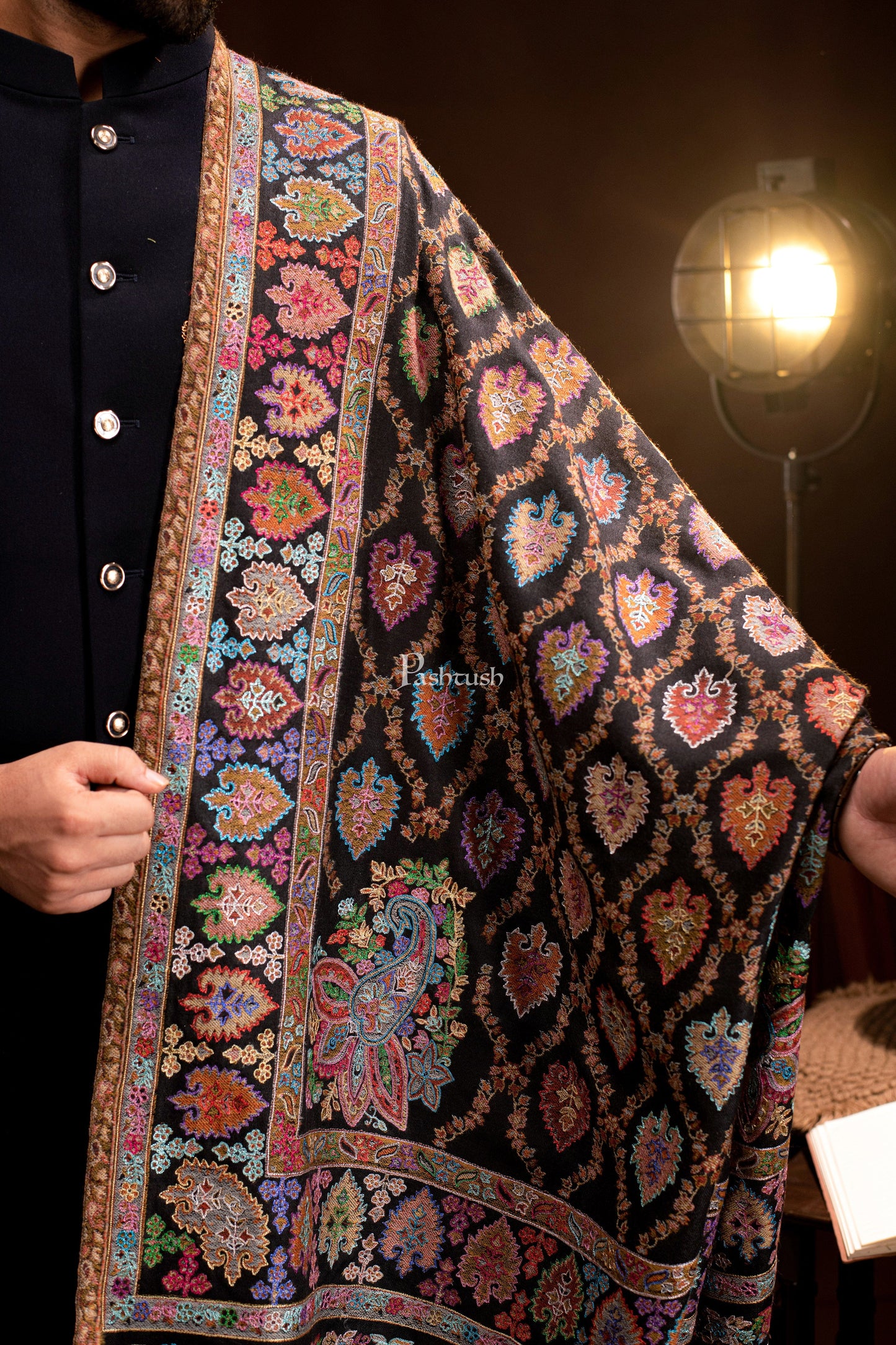 Pashtush India Mens Shawls Gents Shawl Pashtush Mens Tilla Hand Embroidered Shawl, Full Size, Extra Fine Count Wool, Black