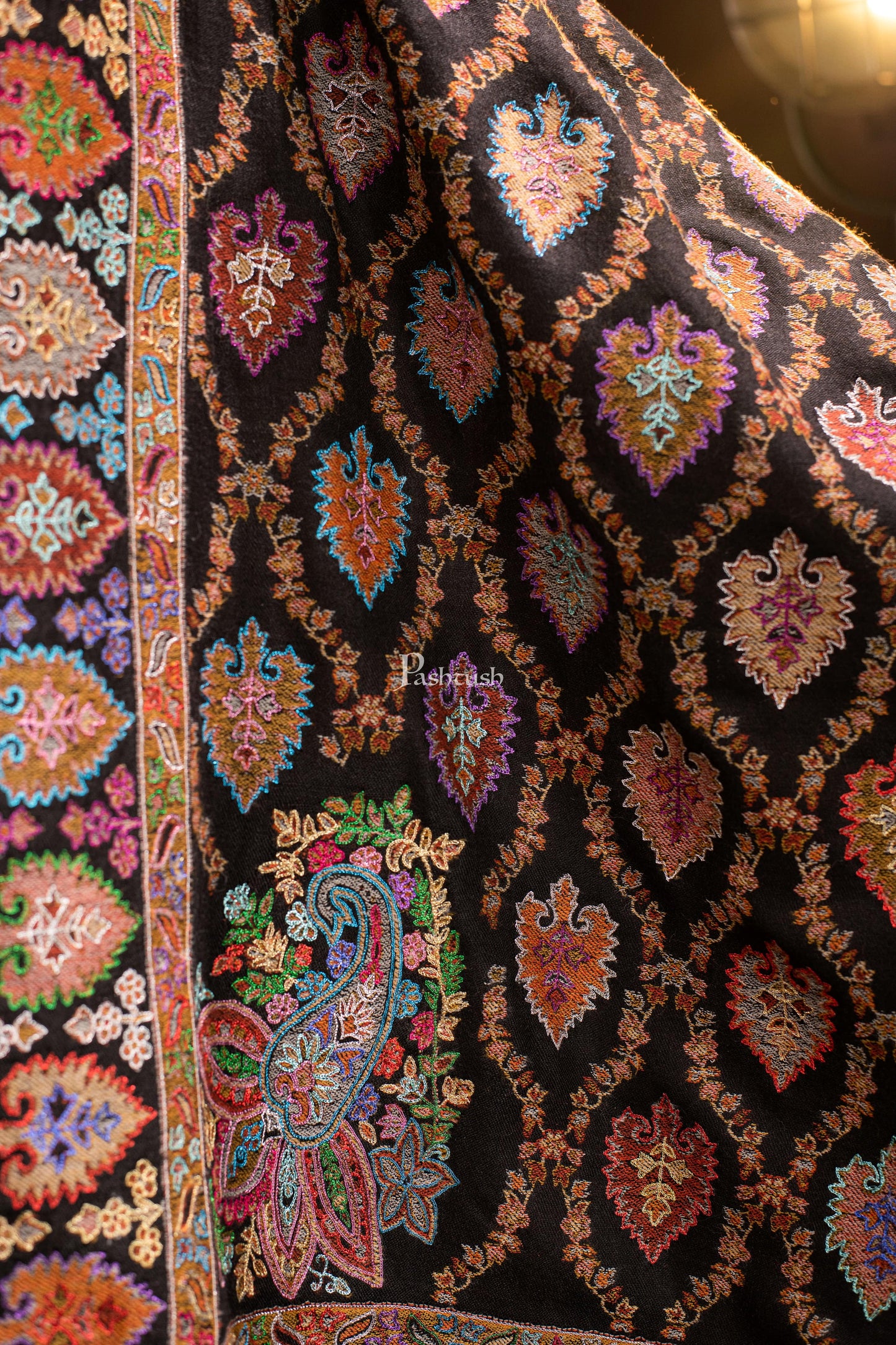 Pashtush India Mens Shawls Gents Shawl Pashtush Mens Tilla Hand Embroidered Shawl, Full Size, Extra Fine Count Wool, Black