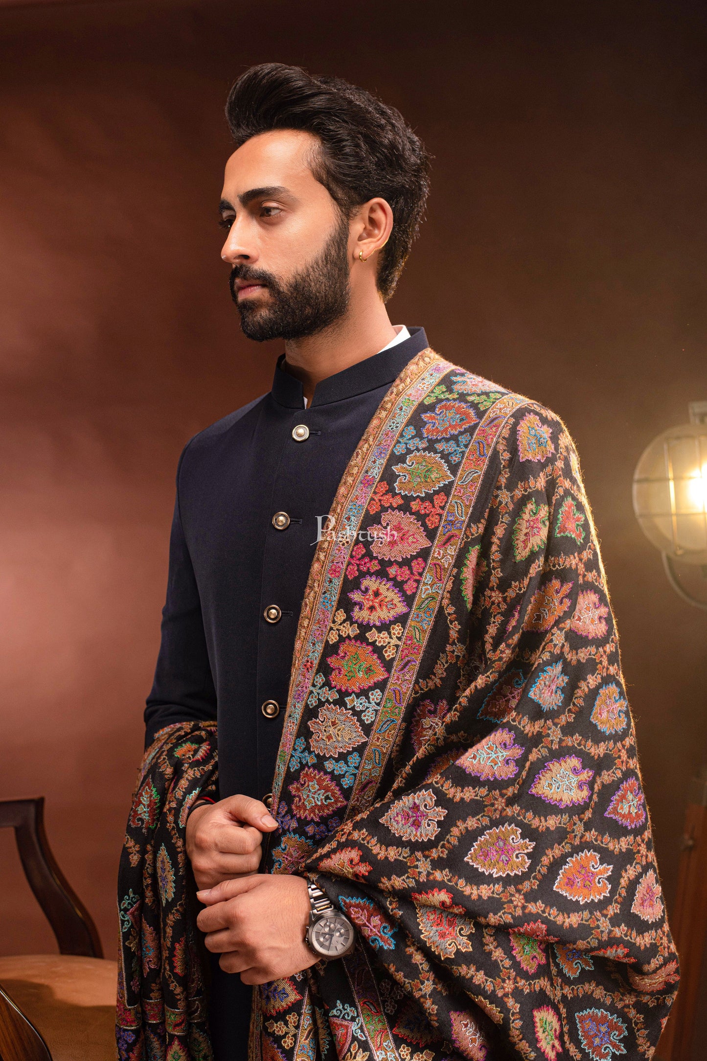 Pashtush India Mens Shawls Gents Shawl Pashtush Mens Tilla Hand Embroidered Shawl, Full Size, Extra Fine Count Wool, Black