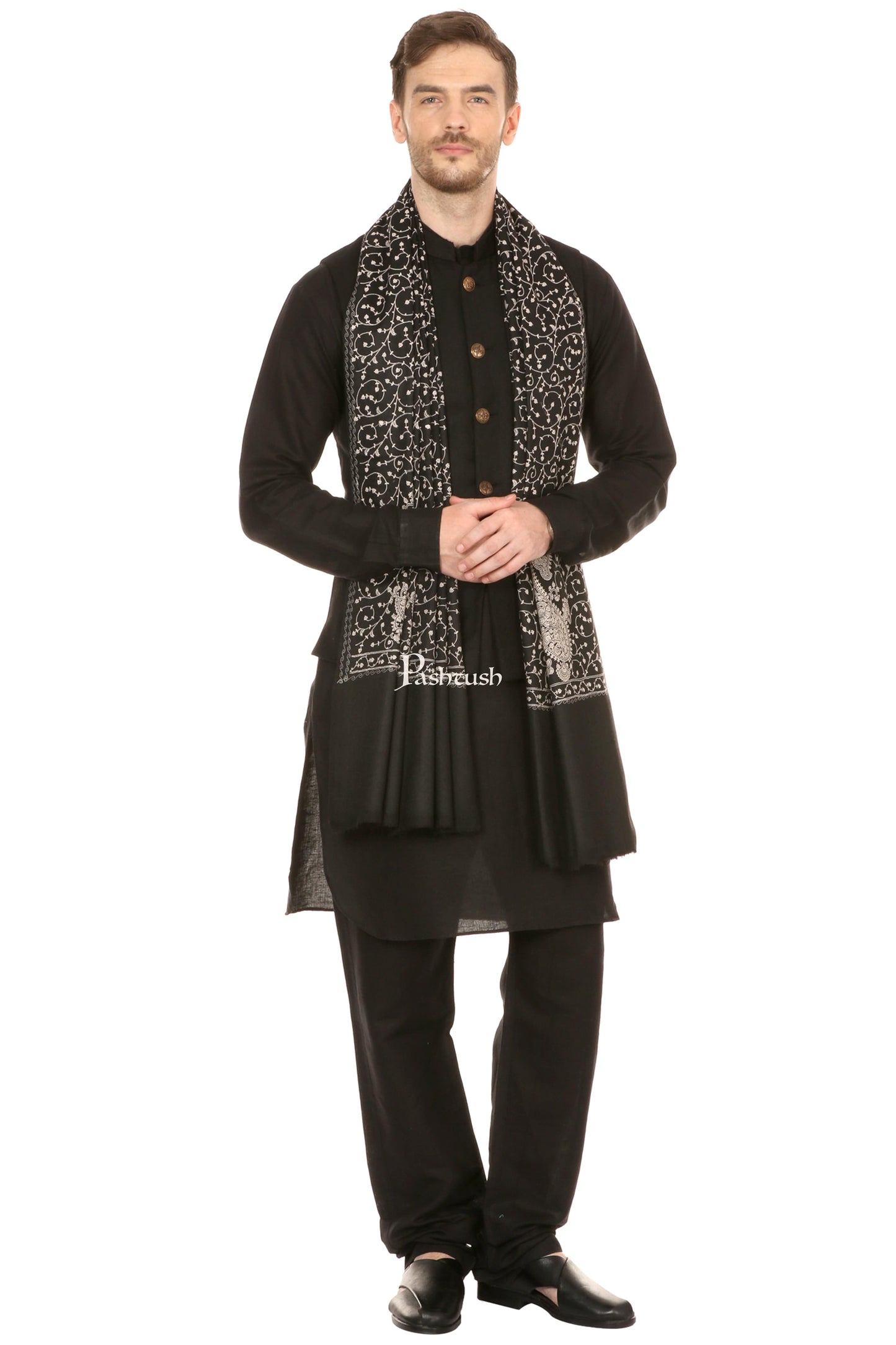 Pashtush India Mens Scarves Stoles and Mufflers Pashtush Mens Tone On Tone Embroidery Stole - Black