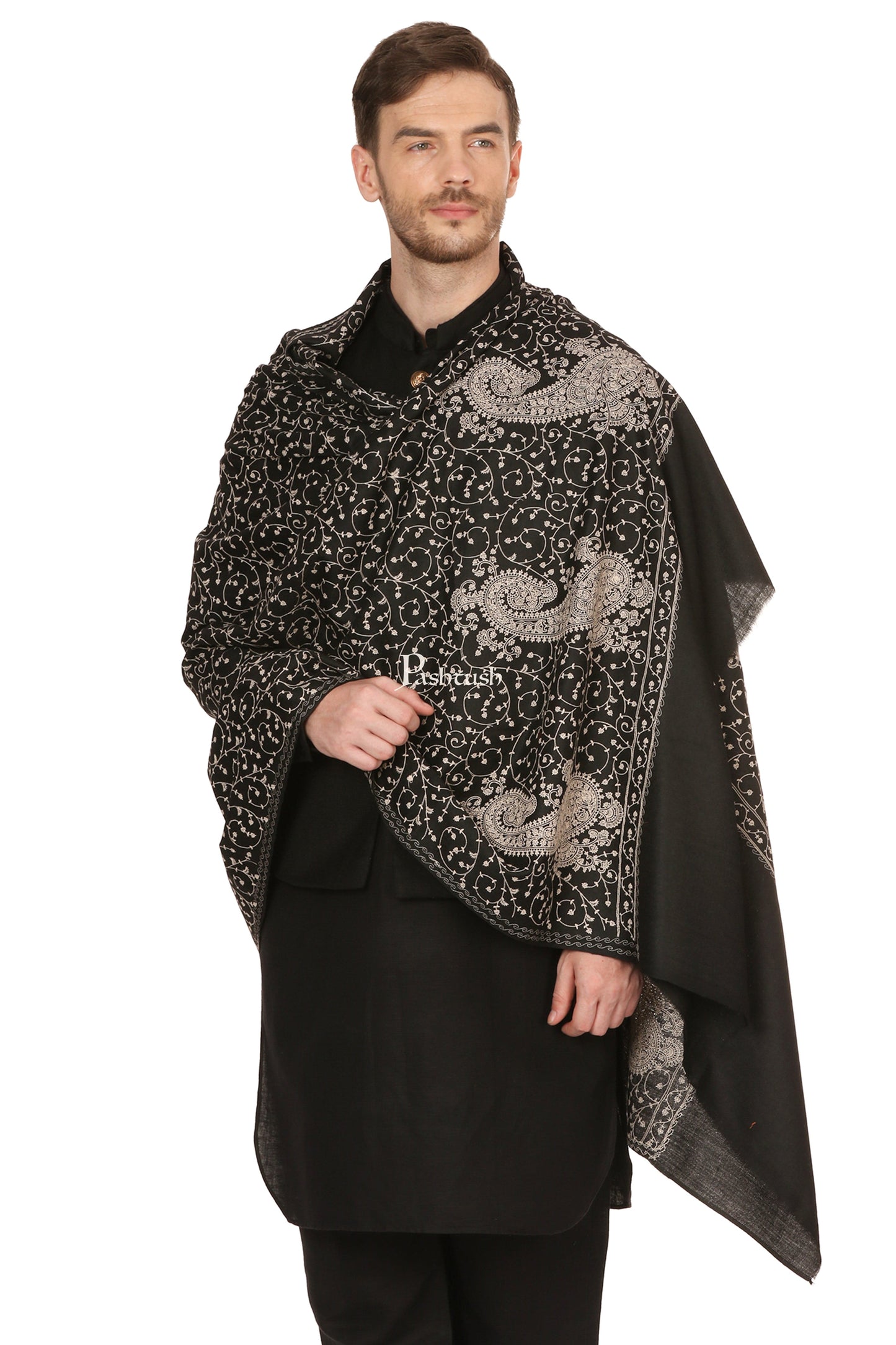 Pashtush India Mens Scarves Stoles and Mufflers Pashtush Mens Tone On Tone Embroidery Stole - Black