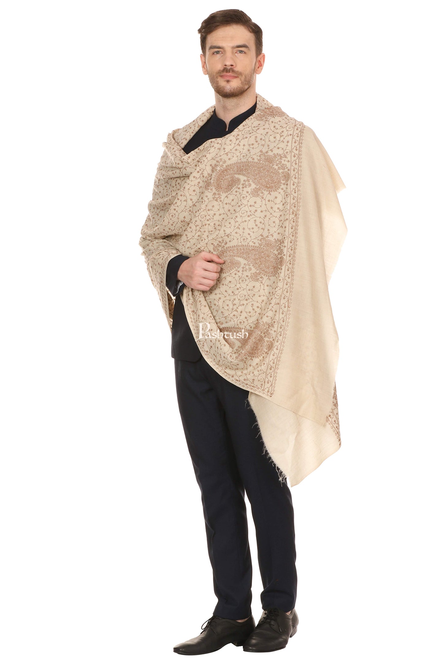 Pashtush India Mens Scarves Stoles and Mufflers Pashtush Mens Tone On Tone Embroidery Stole - Natural Beige
