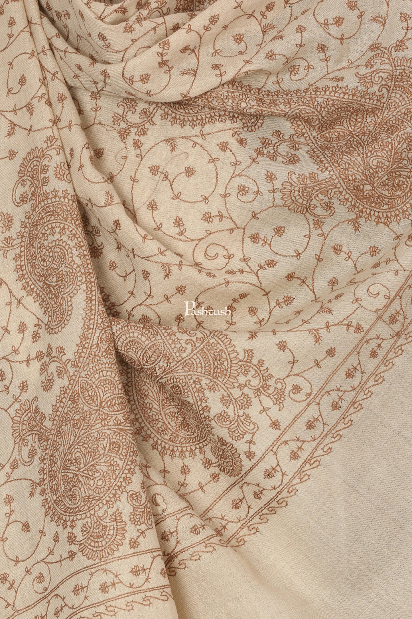 Pashtush India Mens Scarves Stoles and Mufflers Pashtush Mens Tone On Tone Embroidery Stole - Natural Beige