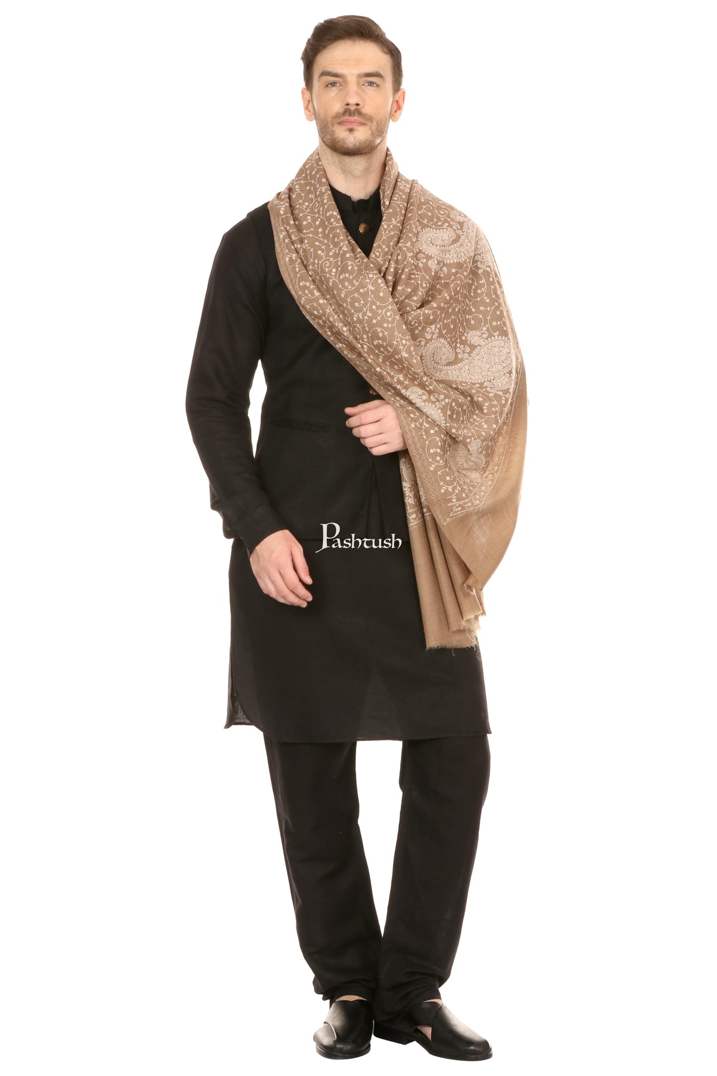 Pashtush India Mens Scarves Stoles and Mufflers Pashtush Mens Tone On Tone Embroidery Stole - Natural Beige