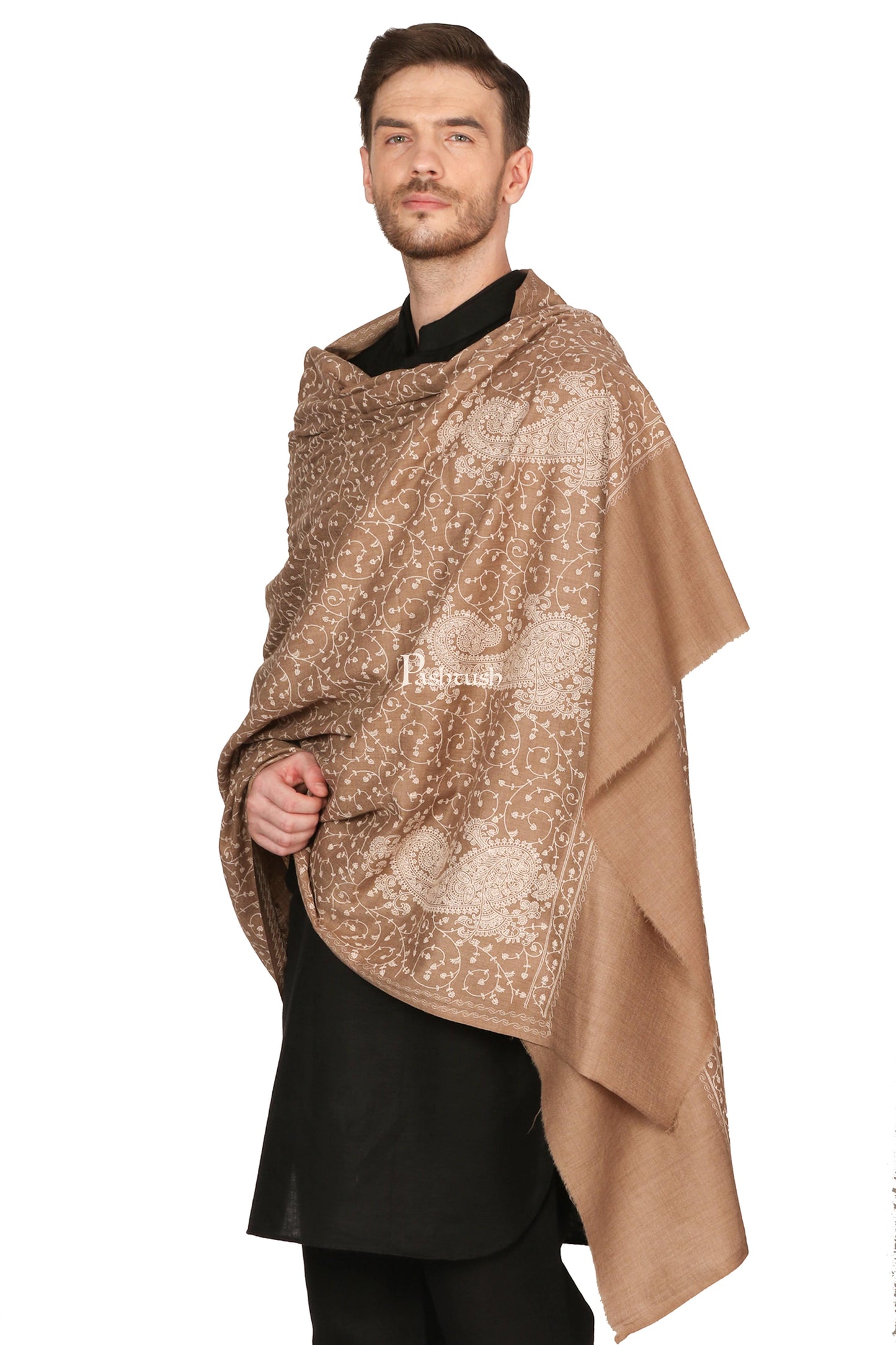 Pashtush India Mens Scarves Stoles and Mufflers Pashtush Mens Tone On Tone Embroidery Stole - Natural Beige