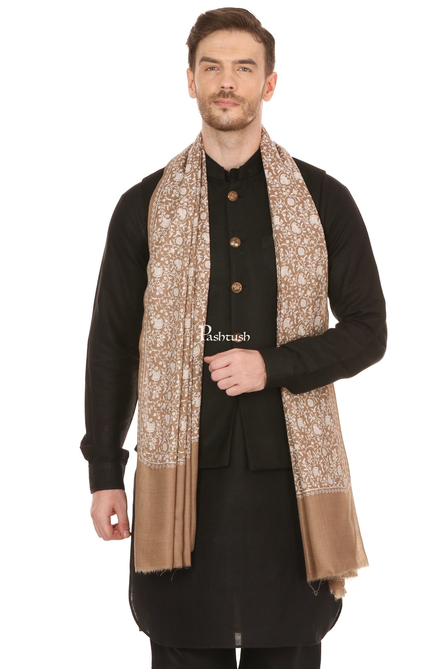 Pashtush India Mens Scarves Stoles and Mufflers Pashtush Mens Tone On Tone Embroidery Stole - Taupe