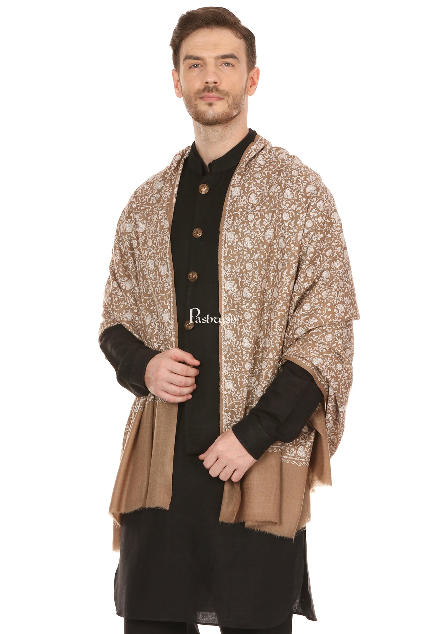 Pashtush India Mens Scarves Stoles and Mufflers Pashtush Mens Tone On Tone Embroidery Stole - Taupe