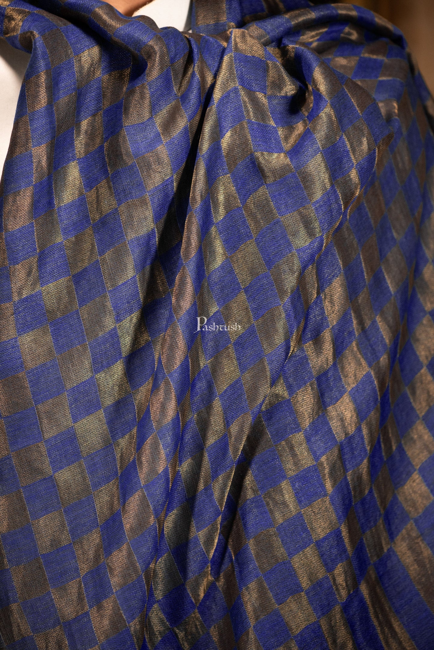 Pashtush India Mens Scarves Stoles and Mufflers Pashtush Mens Twilight Collection, Checkered Metallic Thread Weave, Fine Wool, Blue and golden