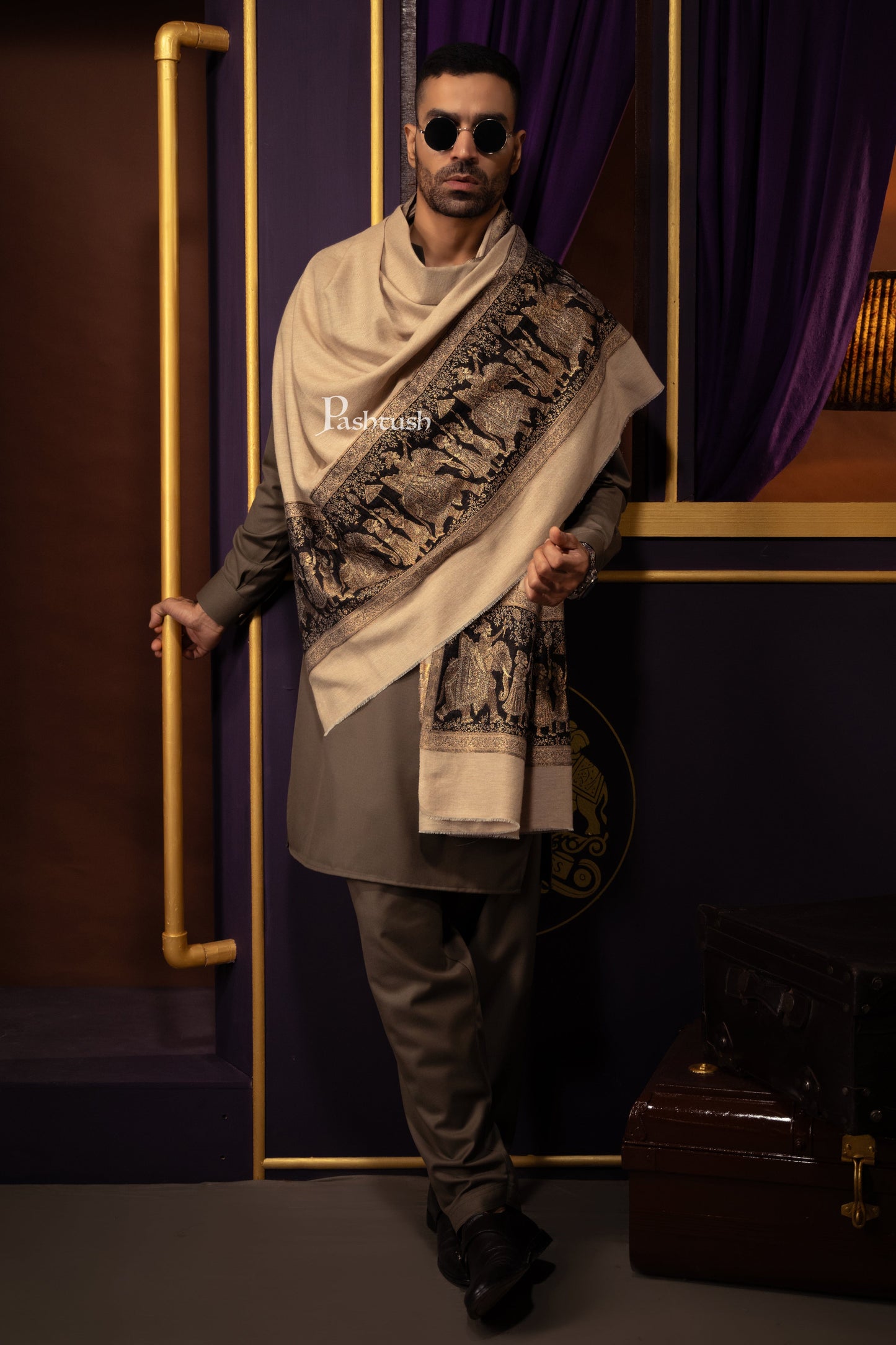 Pashtush India Mens Scarves Stoles and Mufflers Pashtush Mens Twilight collection Stole, Darbar Palla Design, Fine Wool, Beige