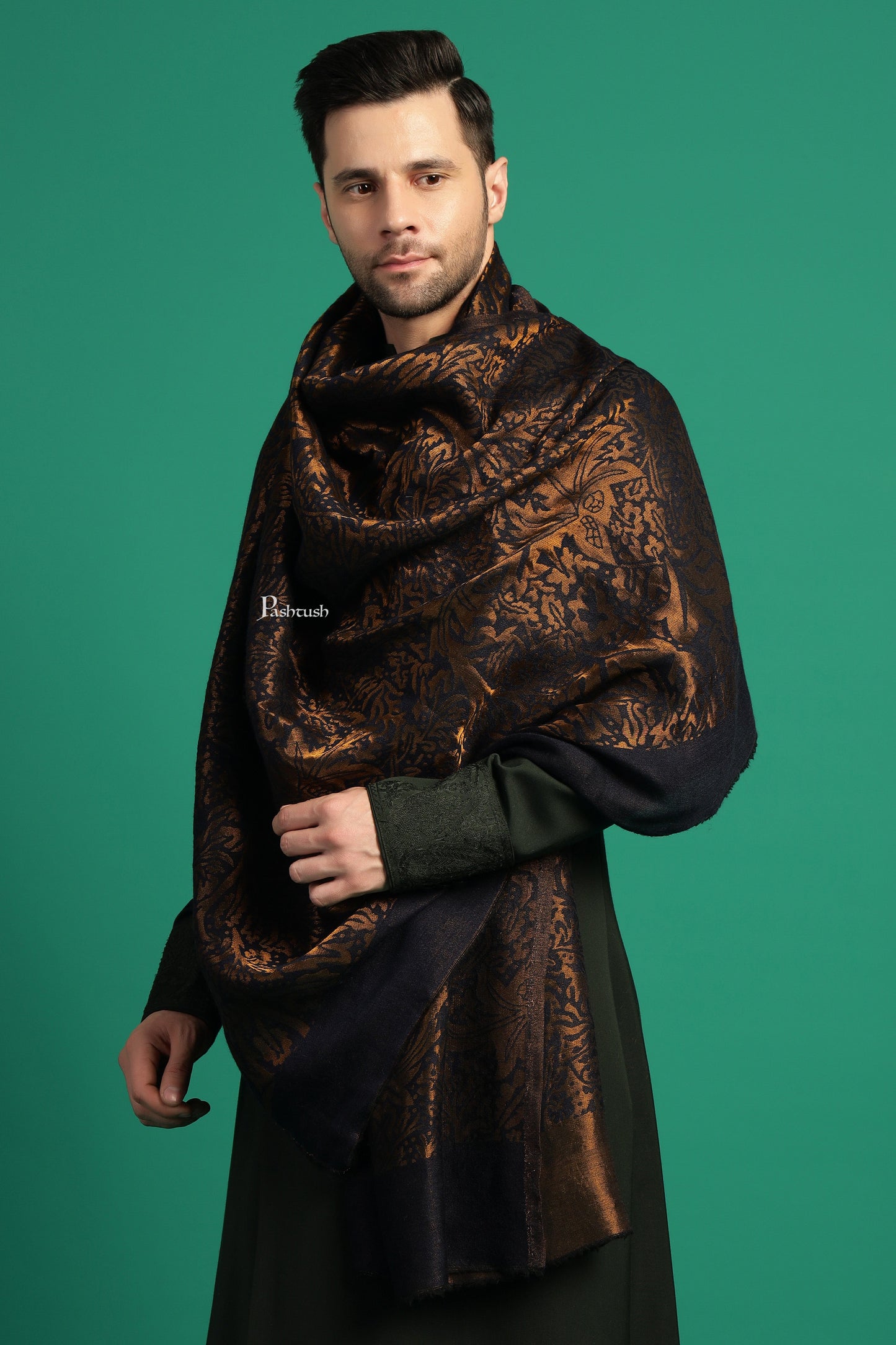 Pashtush India Mens Scarves Stoles and Mufflers Pashtush Mens Wool Silk Stole, Paisley Weave Design, Blue