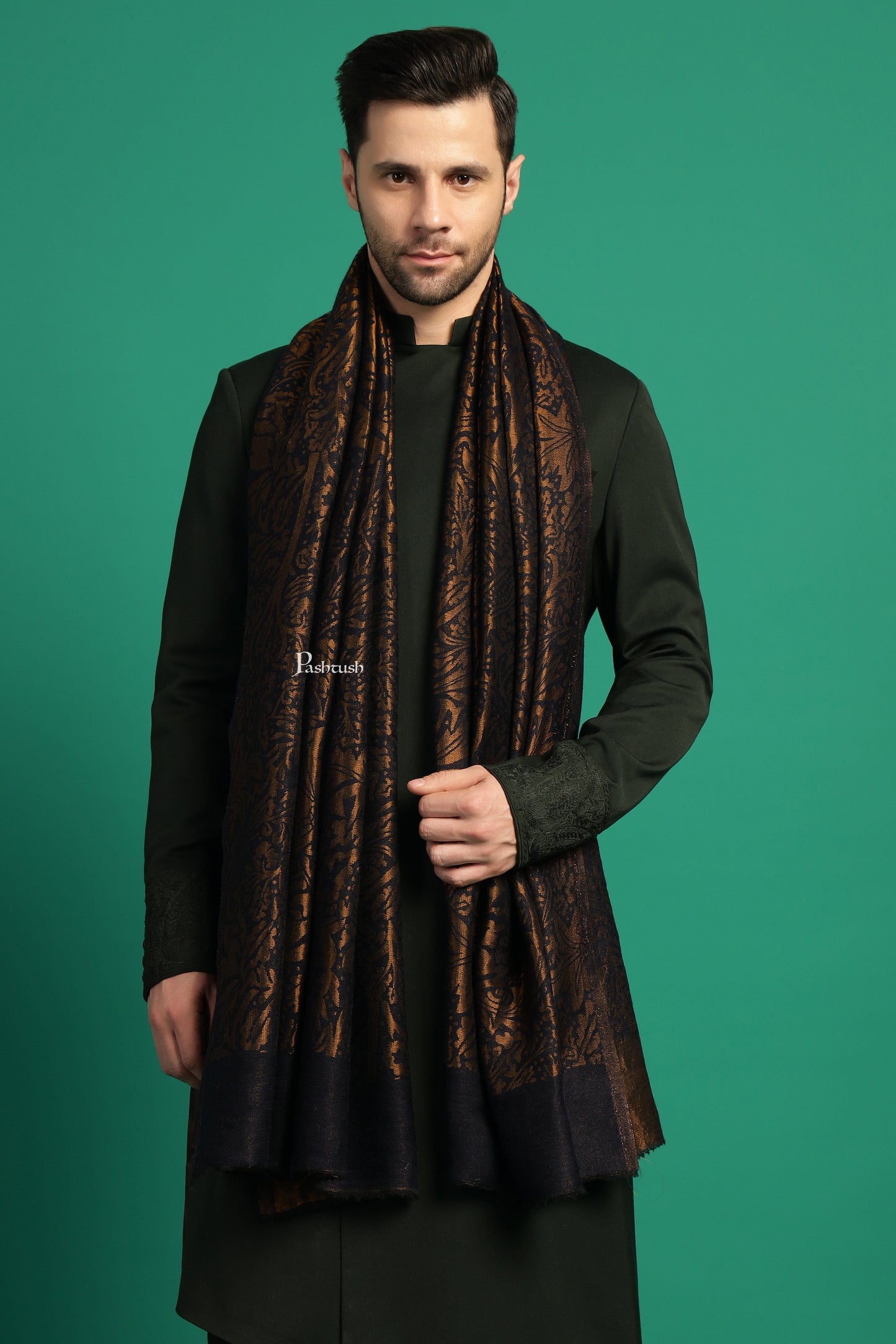 Pashtush India Mens Scarves Stoles and Mufflers Pashtush Mens Wool Silk Stole, Paisley Weave Design, Blue