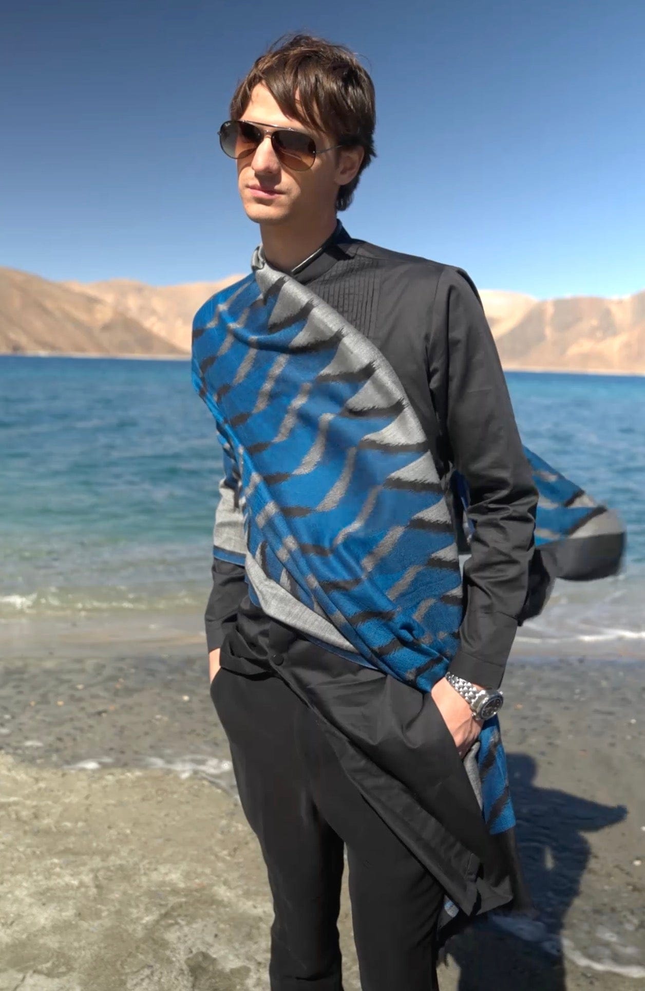 Pashtush India Mens Scarves Stoles and Mufflers Pashtush Mens Wool Silk Stole, Soft Geometric Woven Design, Blue