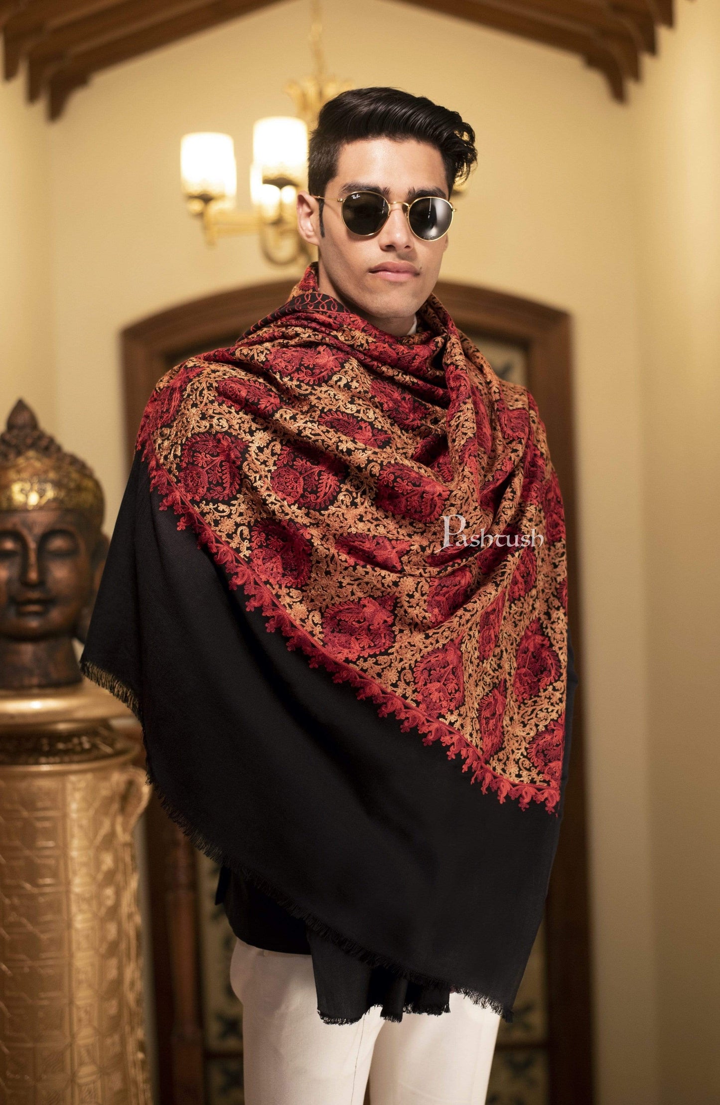 Pashtush India 100x200 Pashtush Mens Woollen, Aari Embroidery Stole, Black