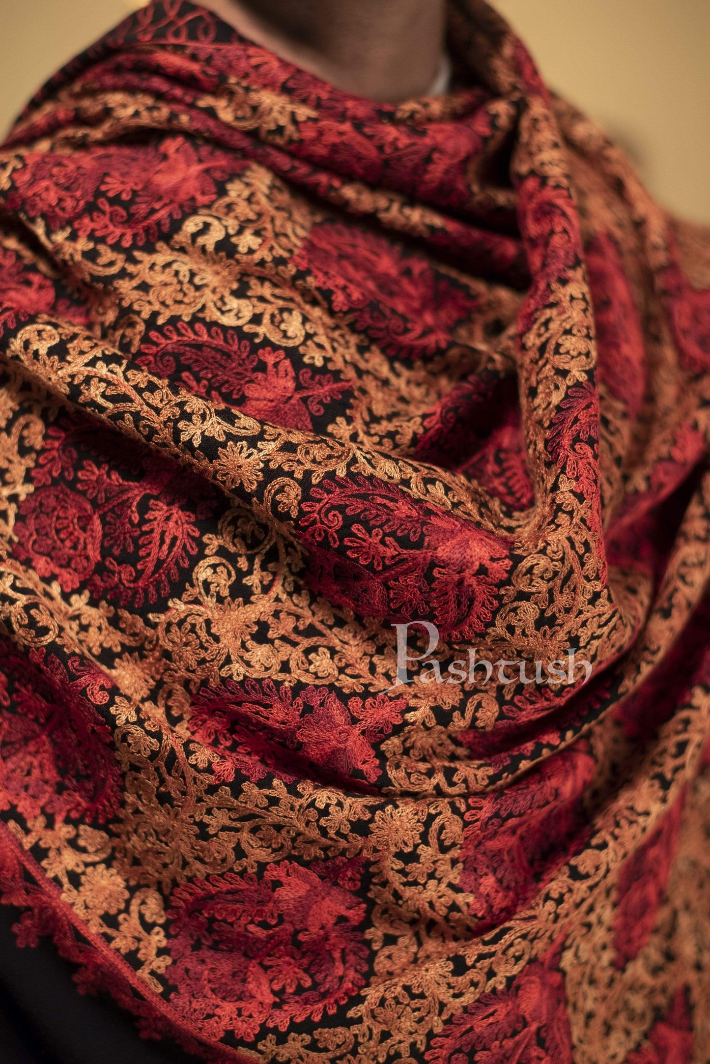 Pashtush India 100x200 Pashtush Mens Woollen, Aari Embroidery Stole, Black