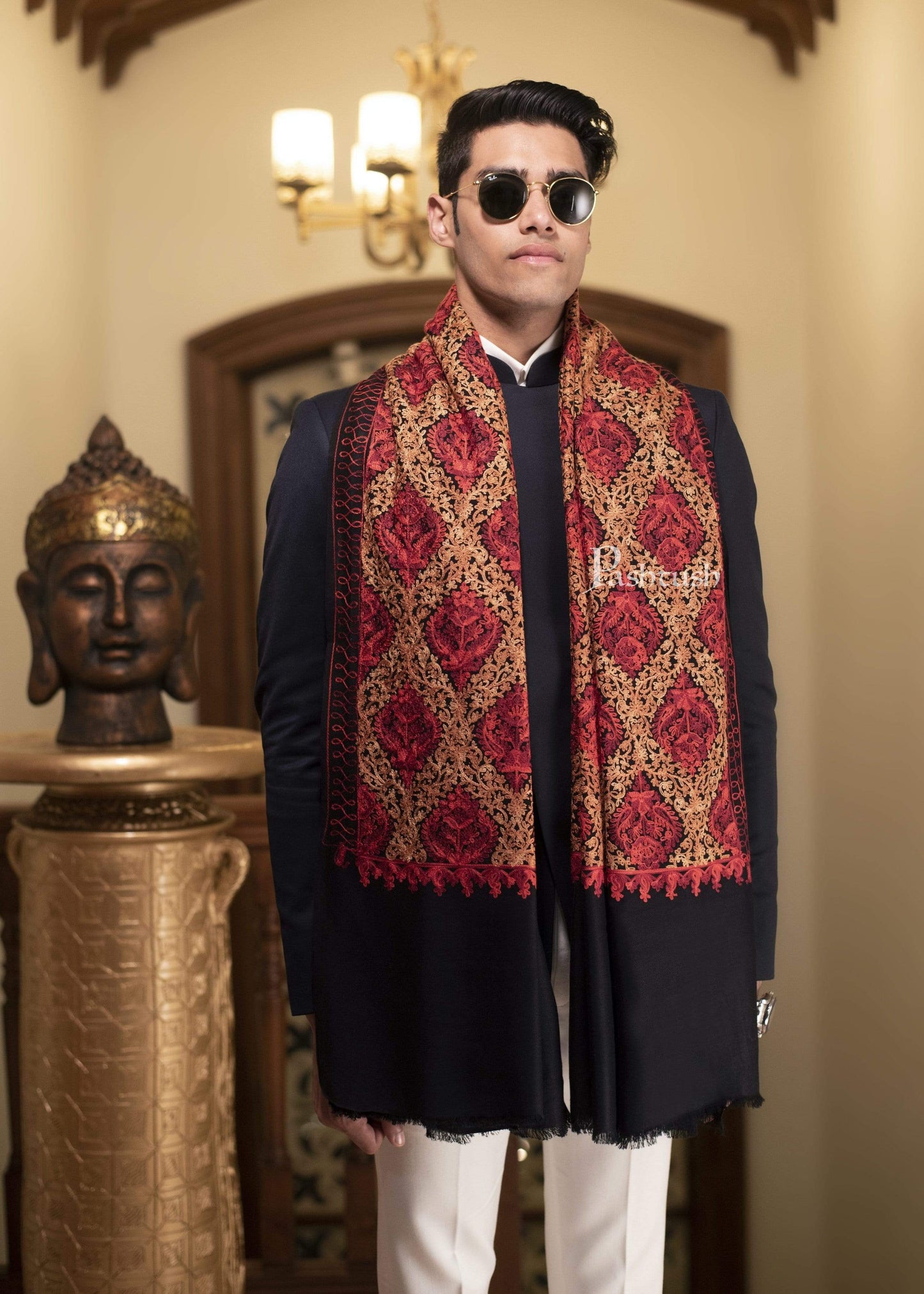 Pashtush India 100x200 Pashtush Mens Woollen, Aari Embroidery Stole, Black