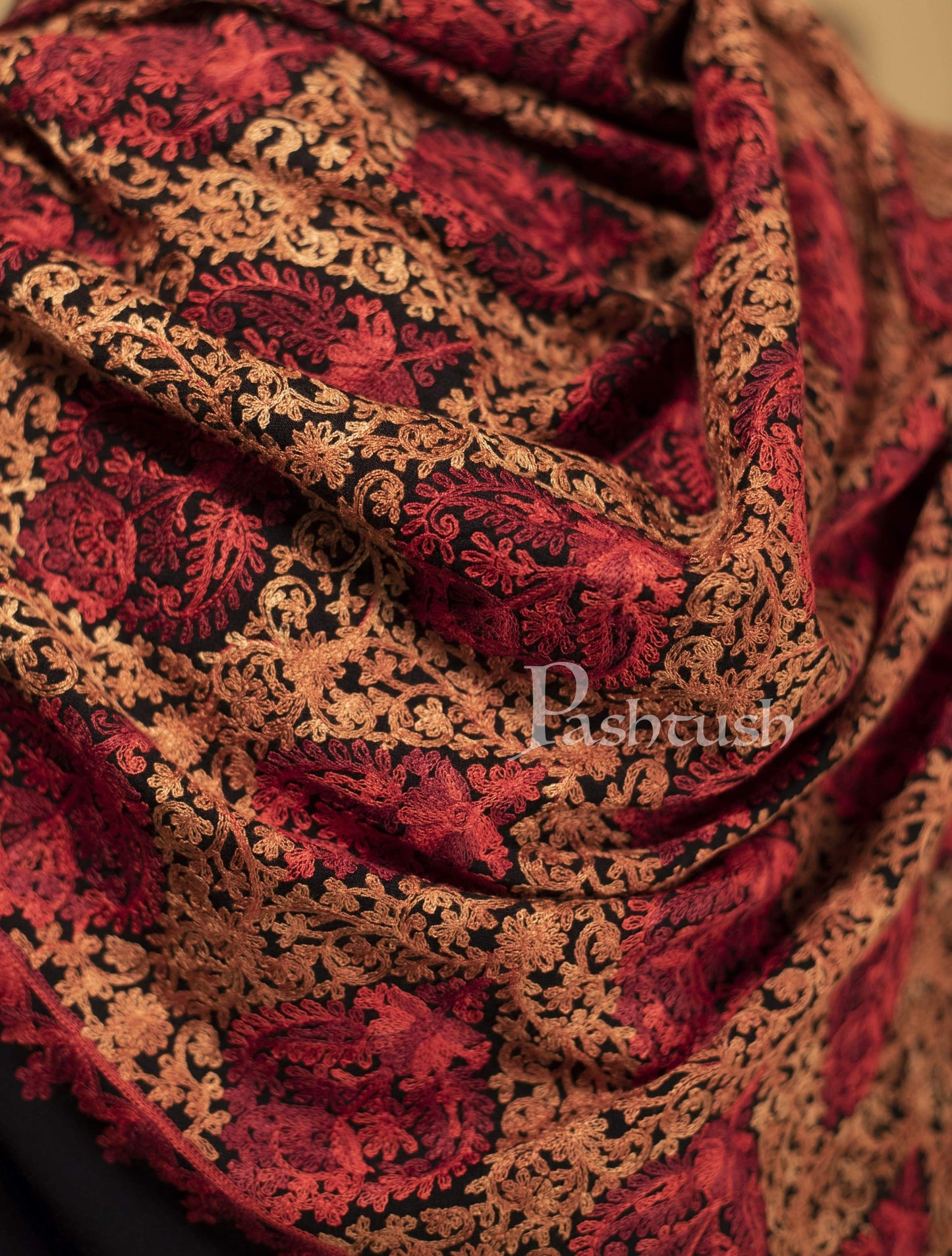 Pashtush India 100x200 Pashtush Mens Woollen, Aari Embroidery Stole, Black