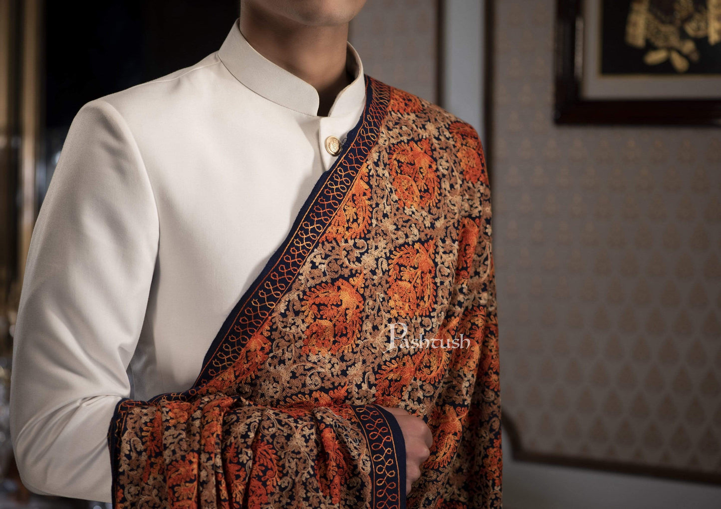 Pashtush India 100x200 Pashtush Mens Woollen, Aari Embroidery Stole, Navy Blue