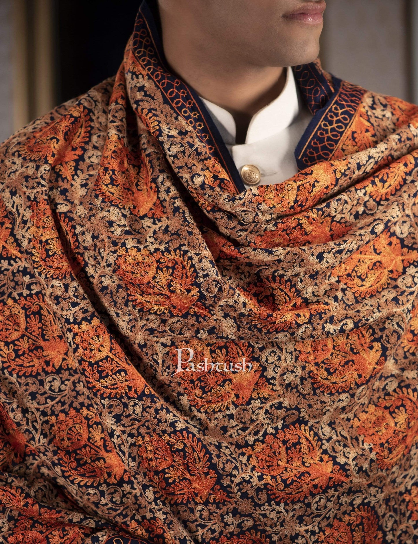 Pashtush India 100x200 Pashtush Mens Woollen, Aari Embroidery Stole, Navy Blue