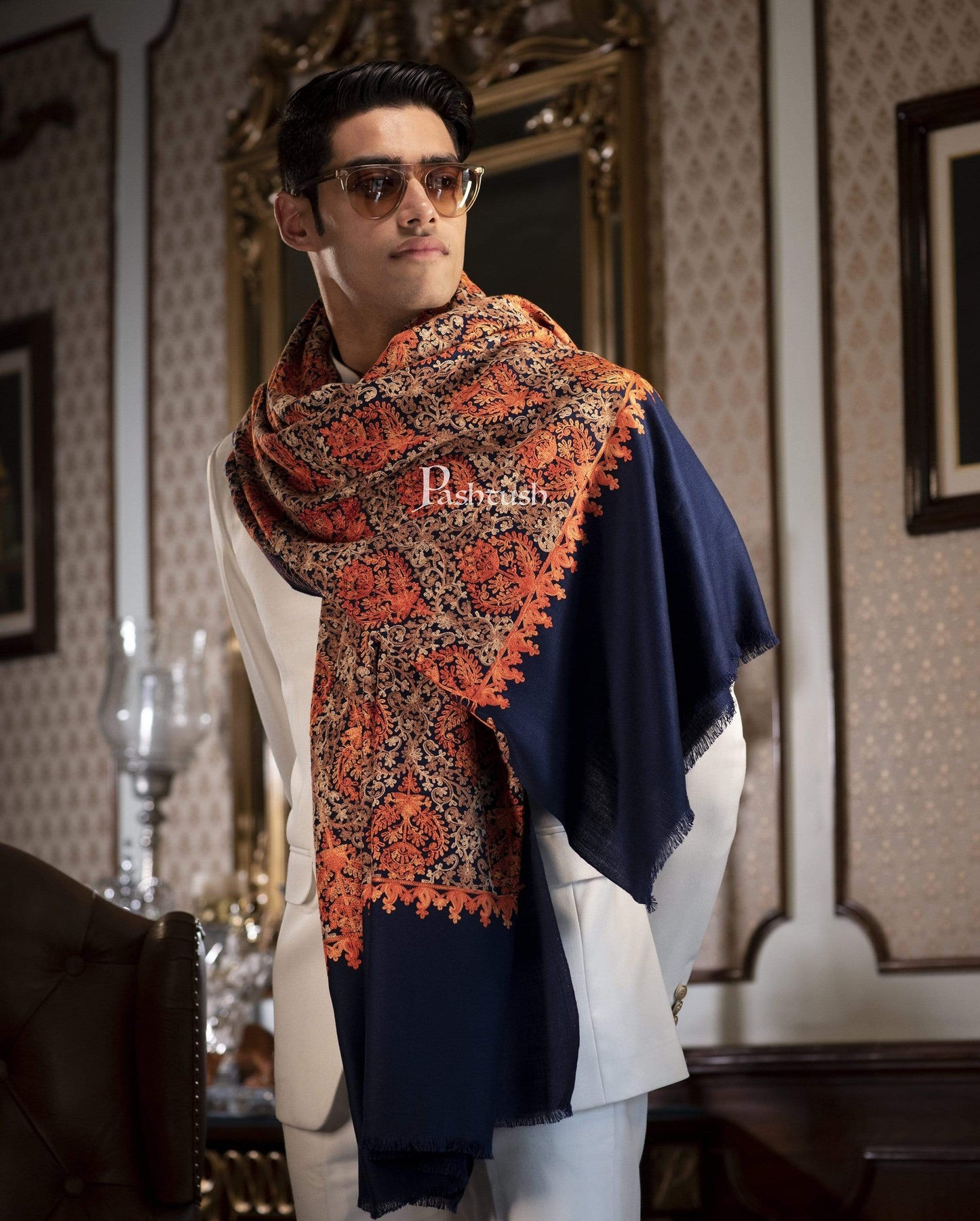 Pashtush India 100x200 Pashtush Mens Woollen, Aari Embroidery Stole, Navy Blue