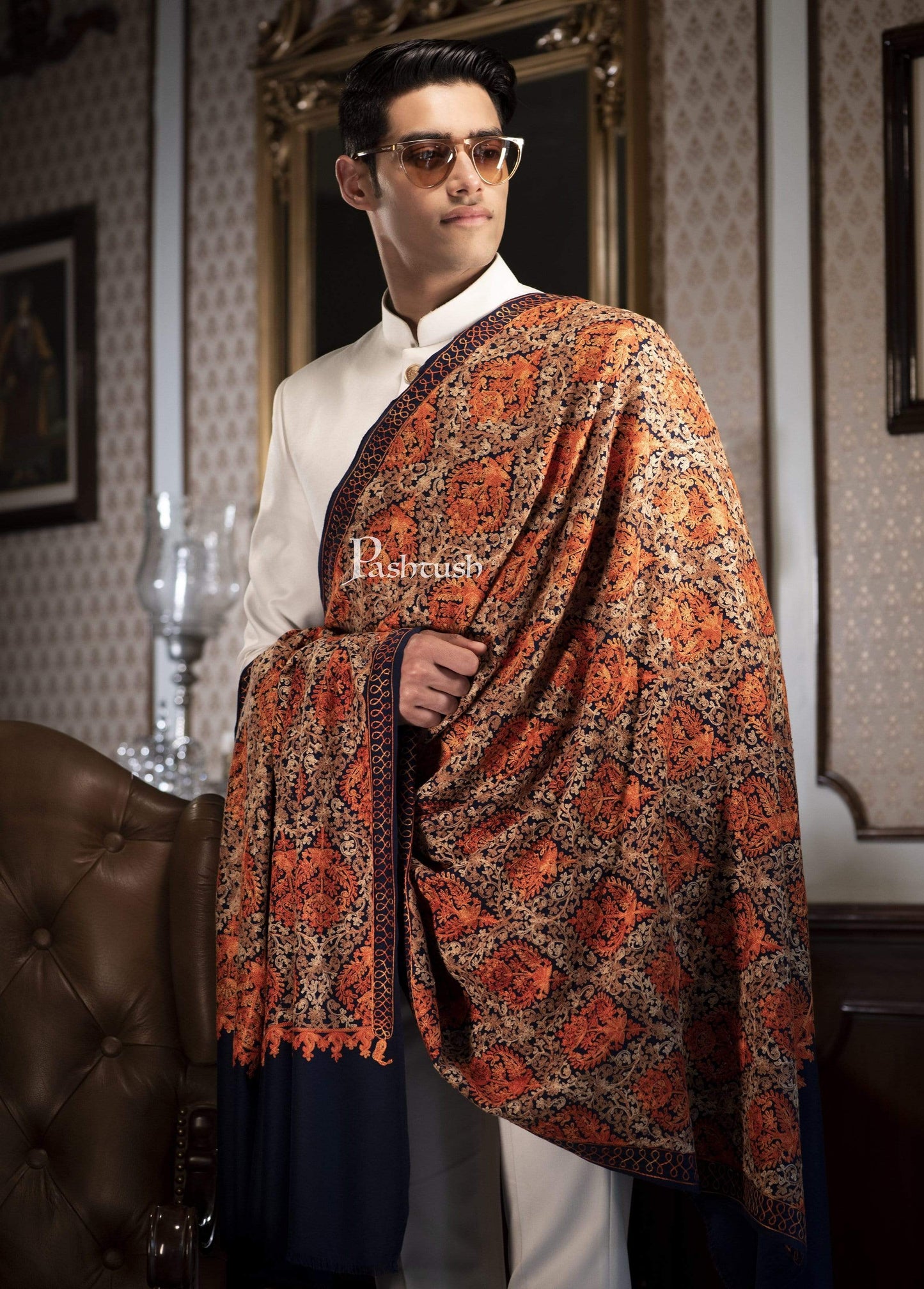 Pashtush India 100x200 Pashtush Mens Woollen, Aari Embroidery Stole, Navy Blue