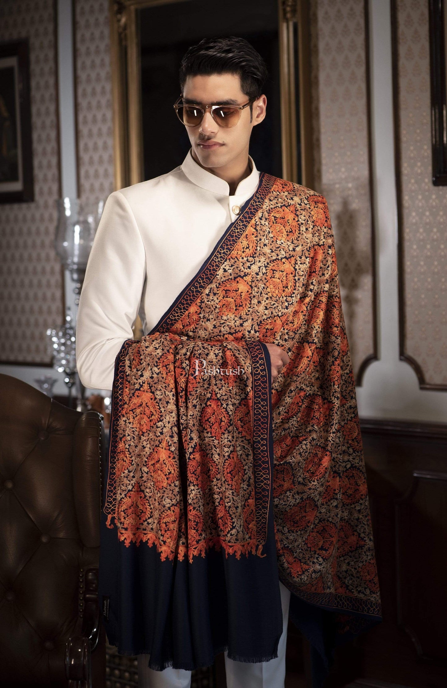 Pashtush India 100x200 Pashtush Mens Woollen, Aari Embroidery Stole, Navy Blue