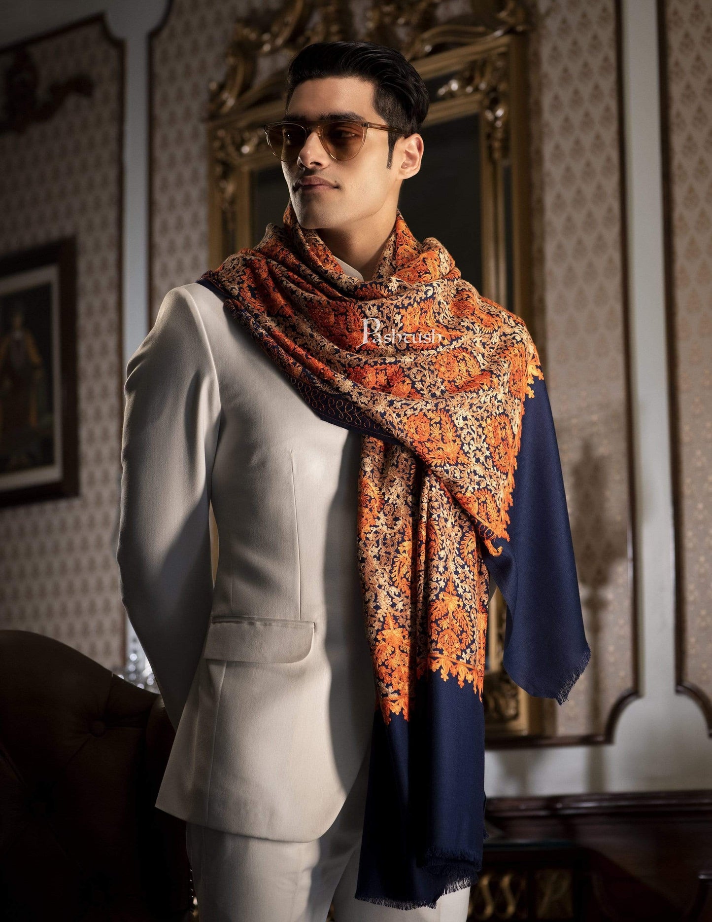 Pashtush India 100x200 Pashtush Mens Woollen, Aari Embroidery Stole, Navy Blue