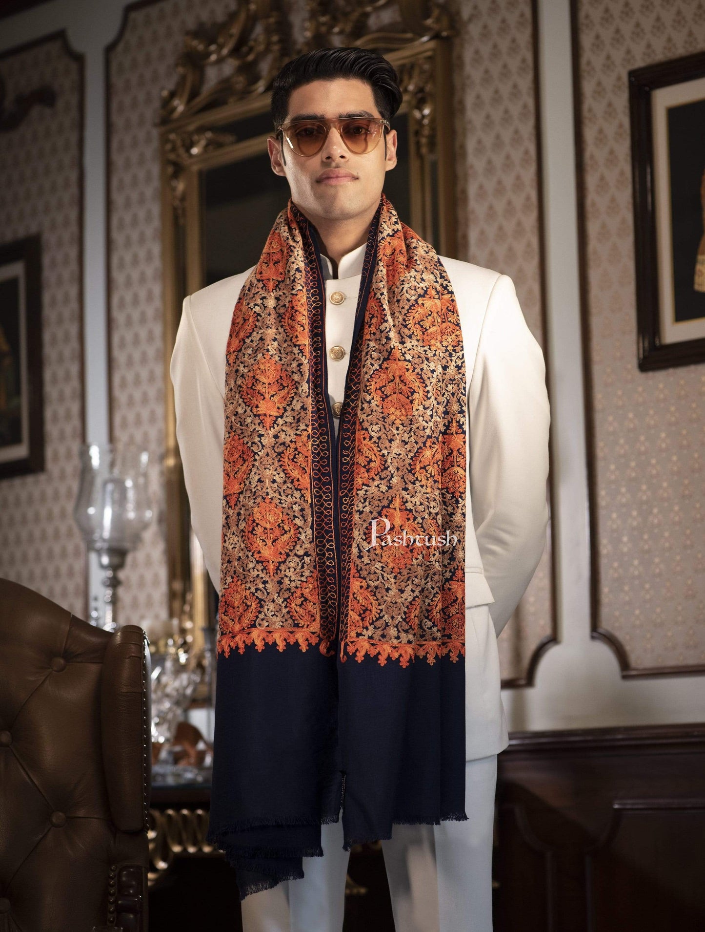Pashtush India 100x200 Pashtush Mens Woollen, Aari Embroidery Stole, Navy Blue