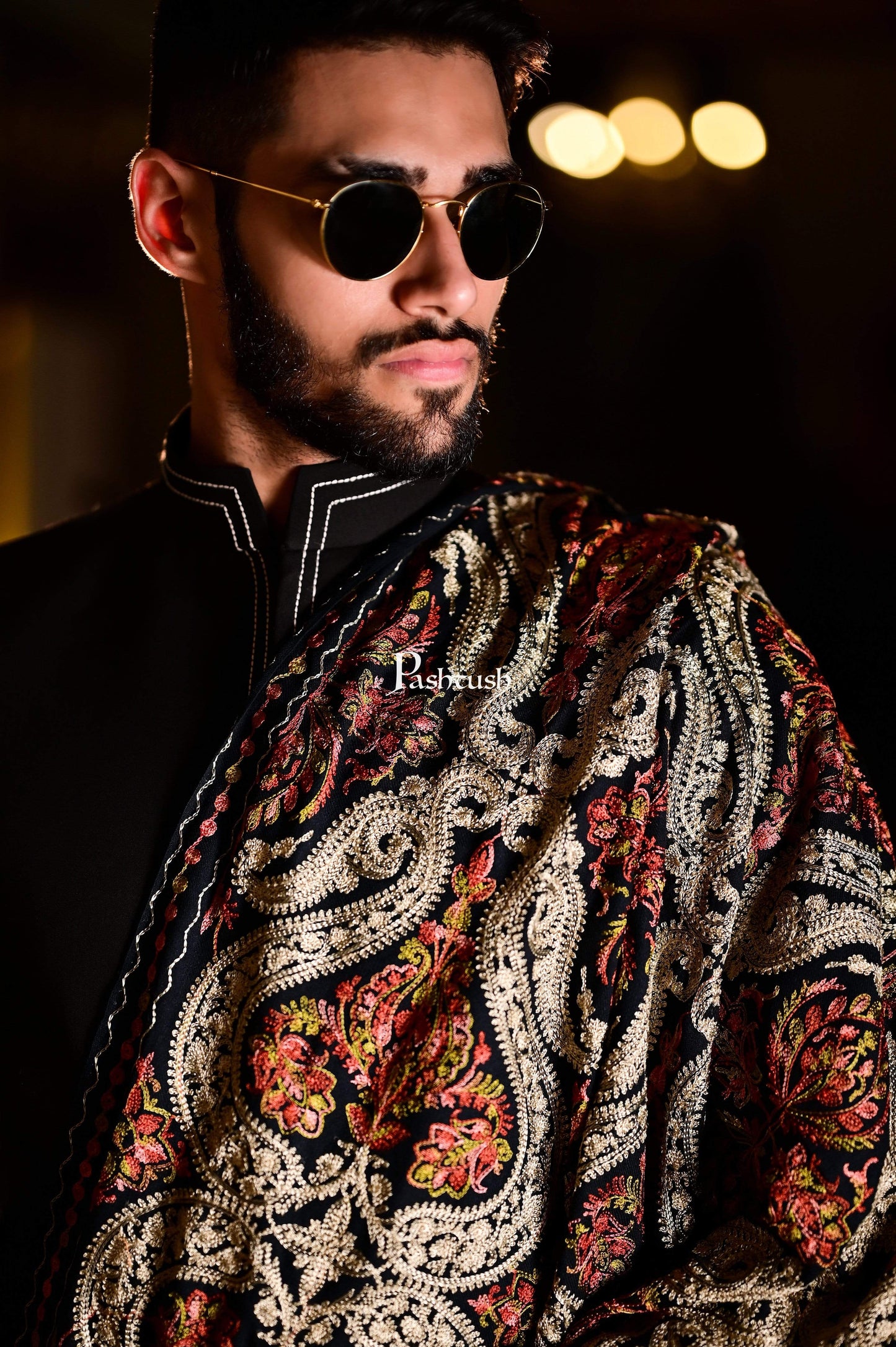 Pashtush India 70x200 Pashtush Mens Woollen Stole with Nalki Embroidery, Black